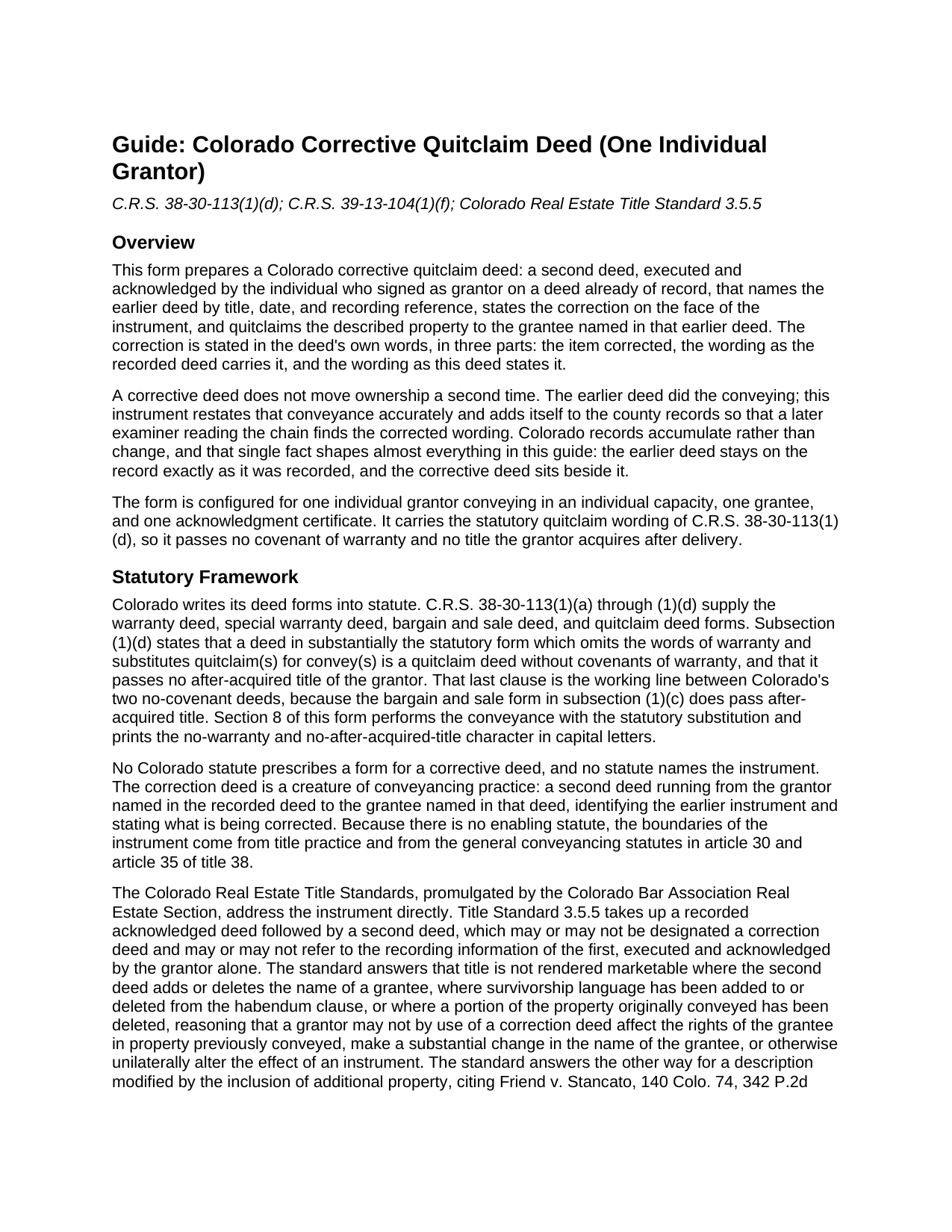 Pueblo County Quitclaim Deed (Corrective) Guide