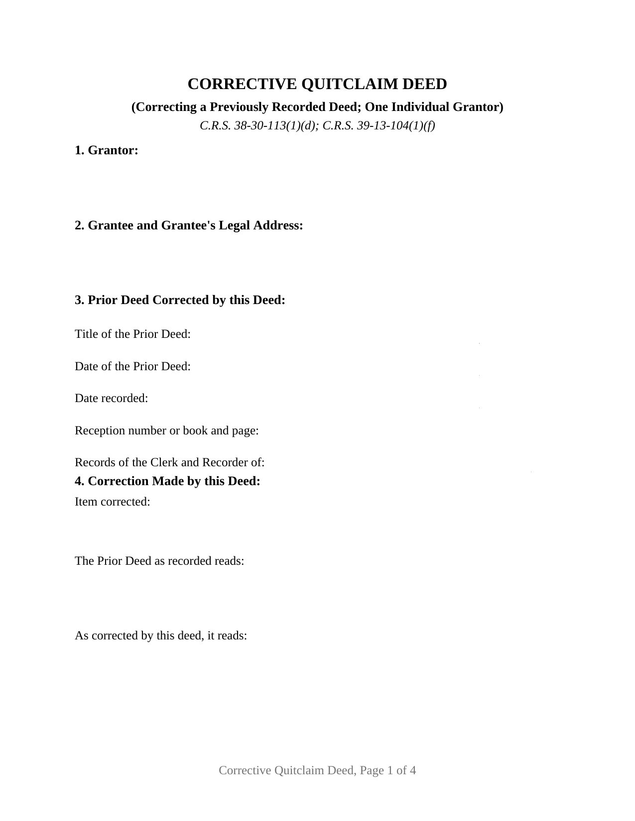 Pueblo County Quitclaim Deed (Corrective) Form