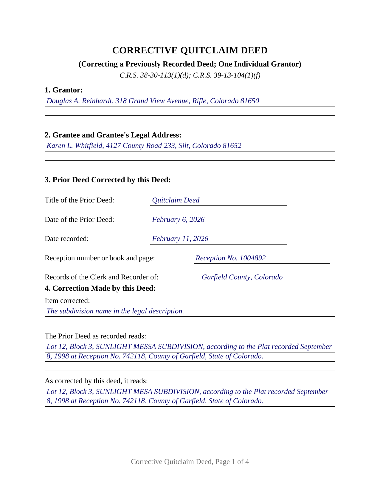 Pueblo County Completed Example of the Quitclaim Deed (Corrective) Document