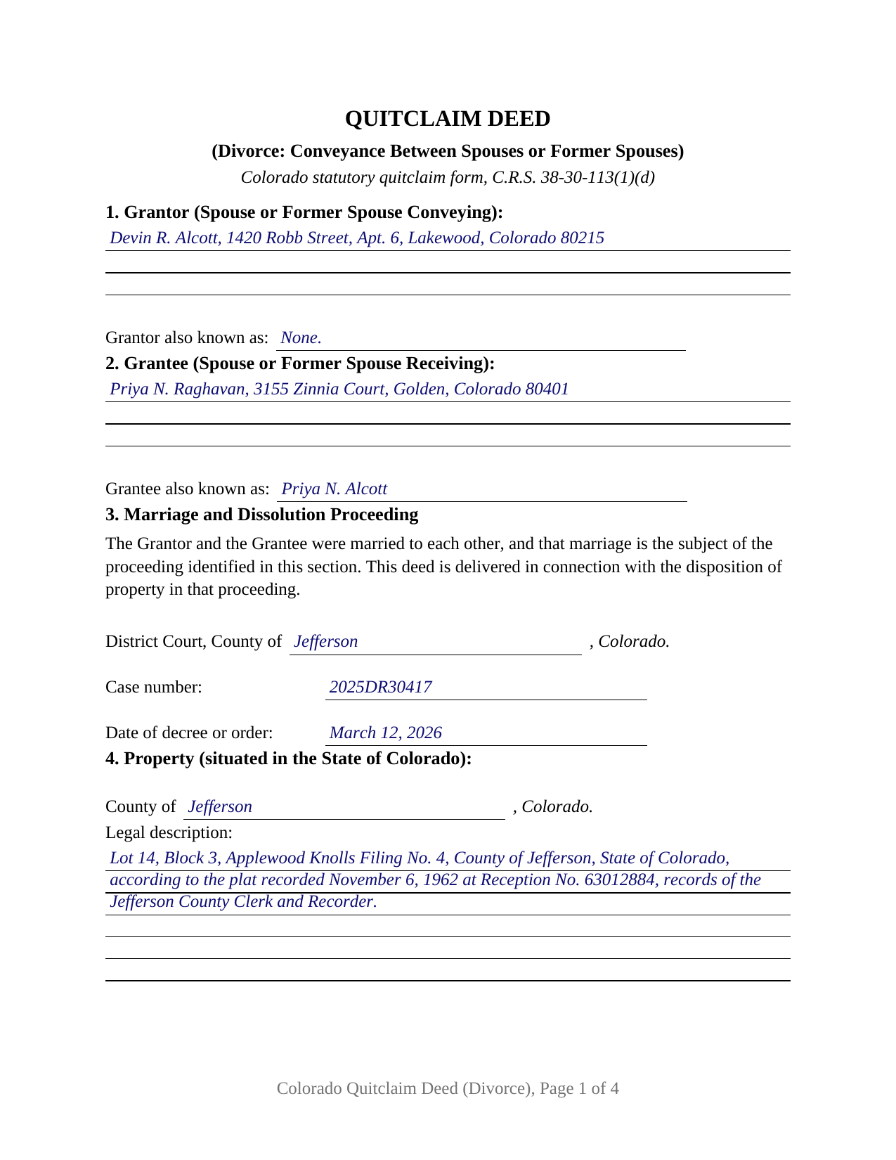 Archuleta County Completed Example of the Quitclaim Deed (Divorce) Document
