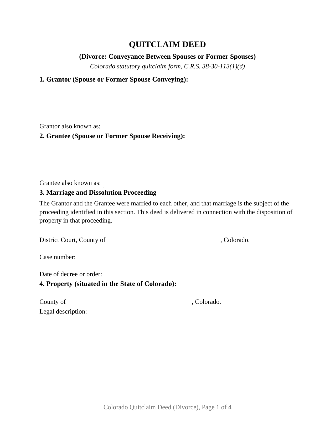 Archuleta County Quitclaim Deed (Divorce) Form