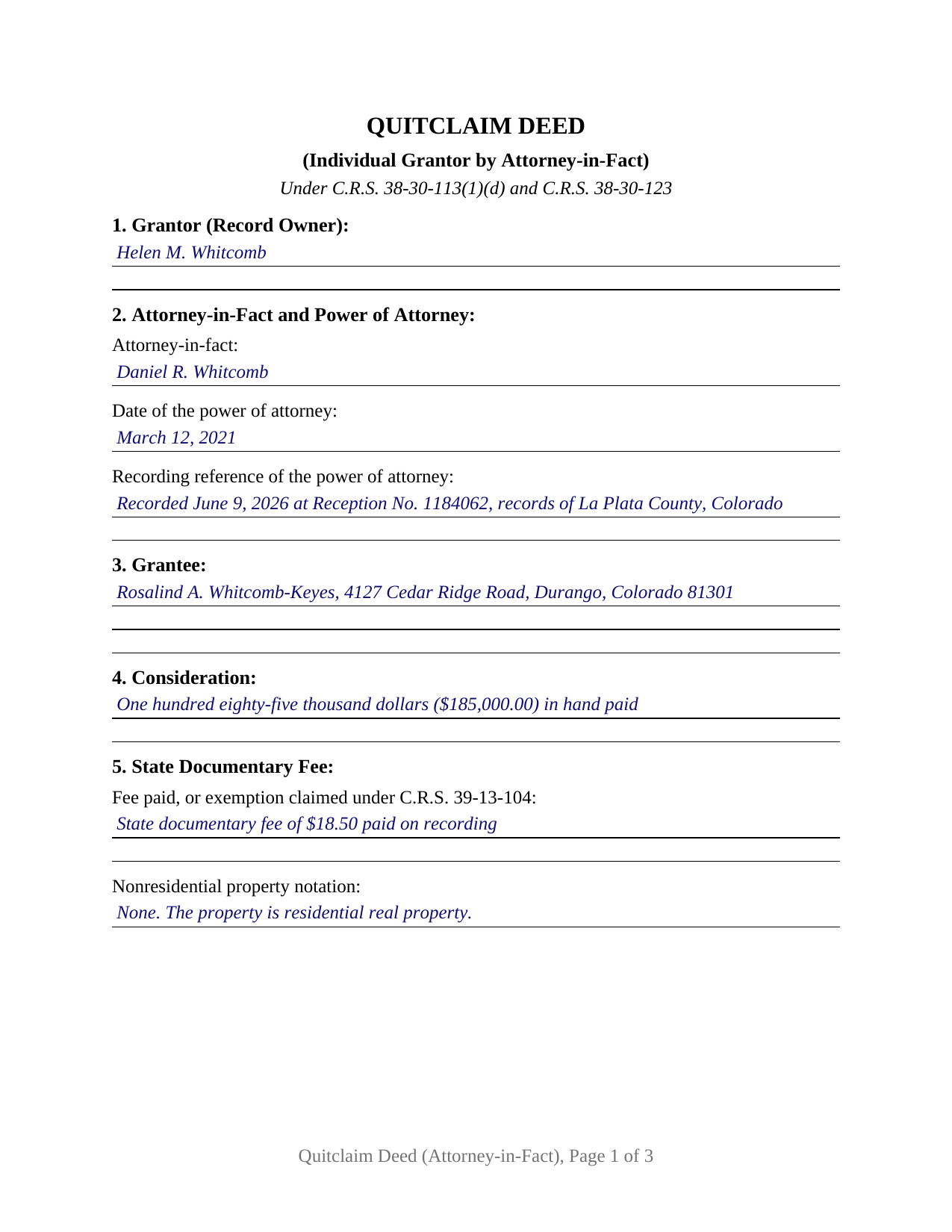 Custer County Completed Example of the Quitclaim Deed (Individual Grantor by Attorney-in-Fact) Document