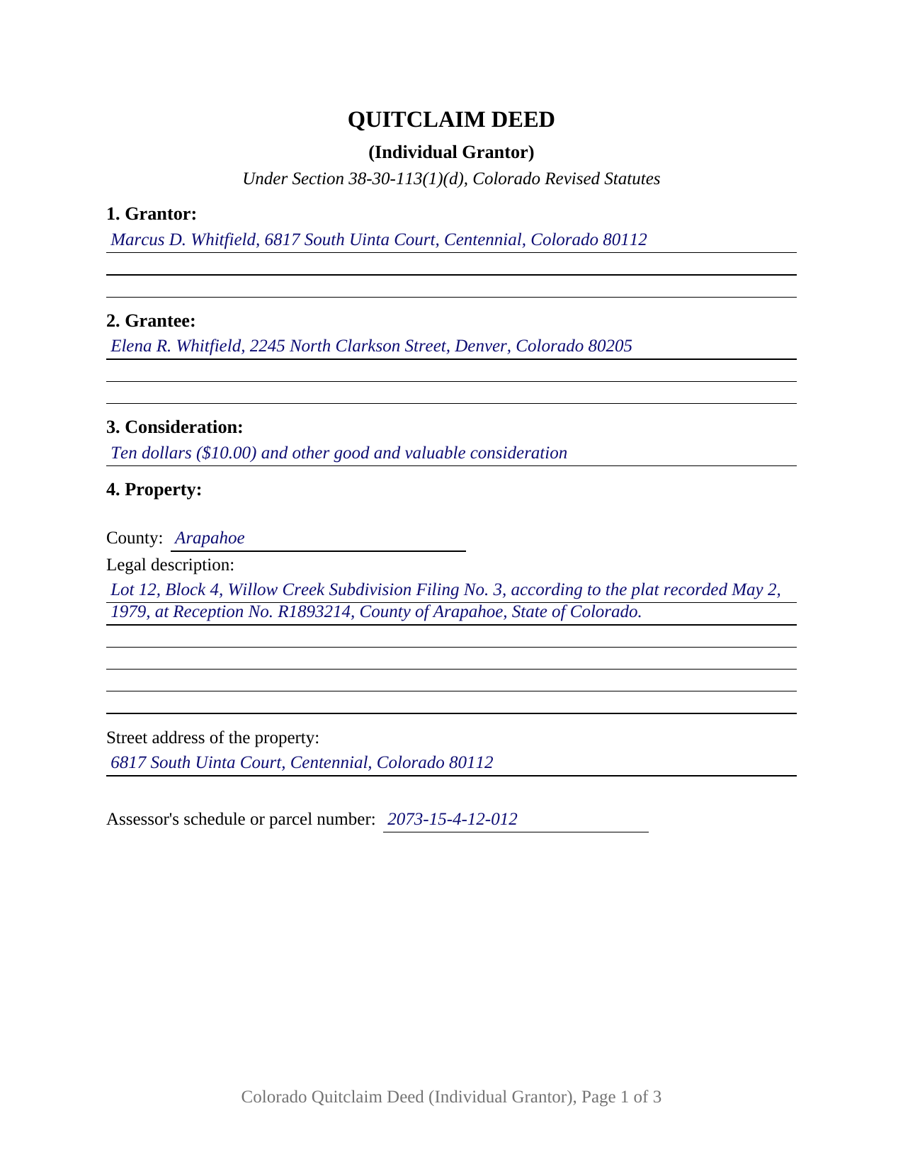 Pueblo County Completed Example of the Quitclaim Deed (Individual Grantor) Document