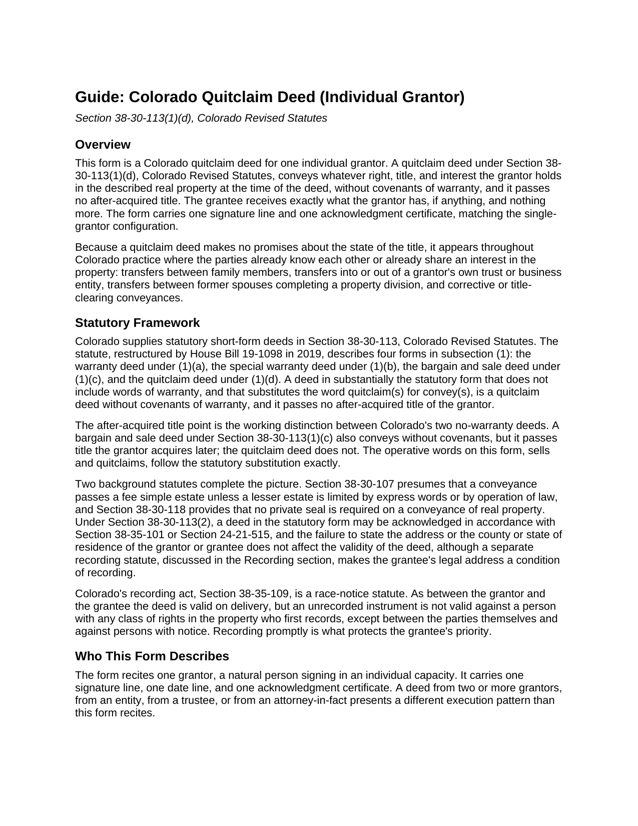 Pueblo County Quitclaim Deed (Individual Grantor) Guide