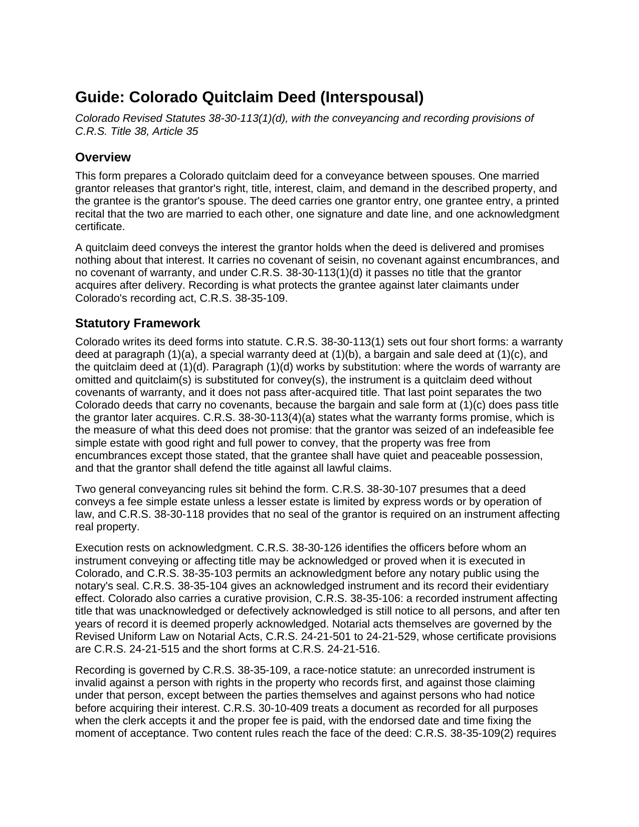 Baca County Quitclaim Deed (Interspousal) Guide