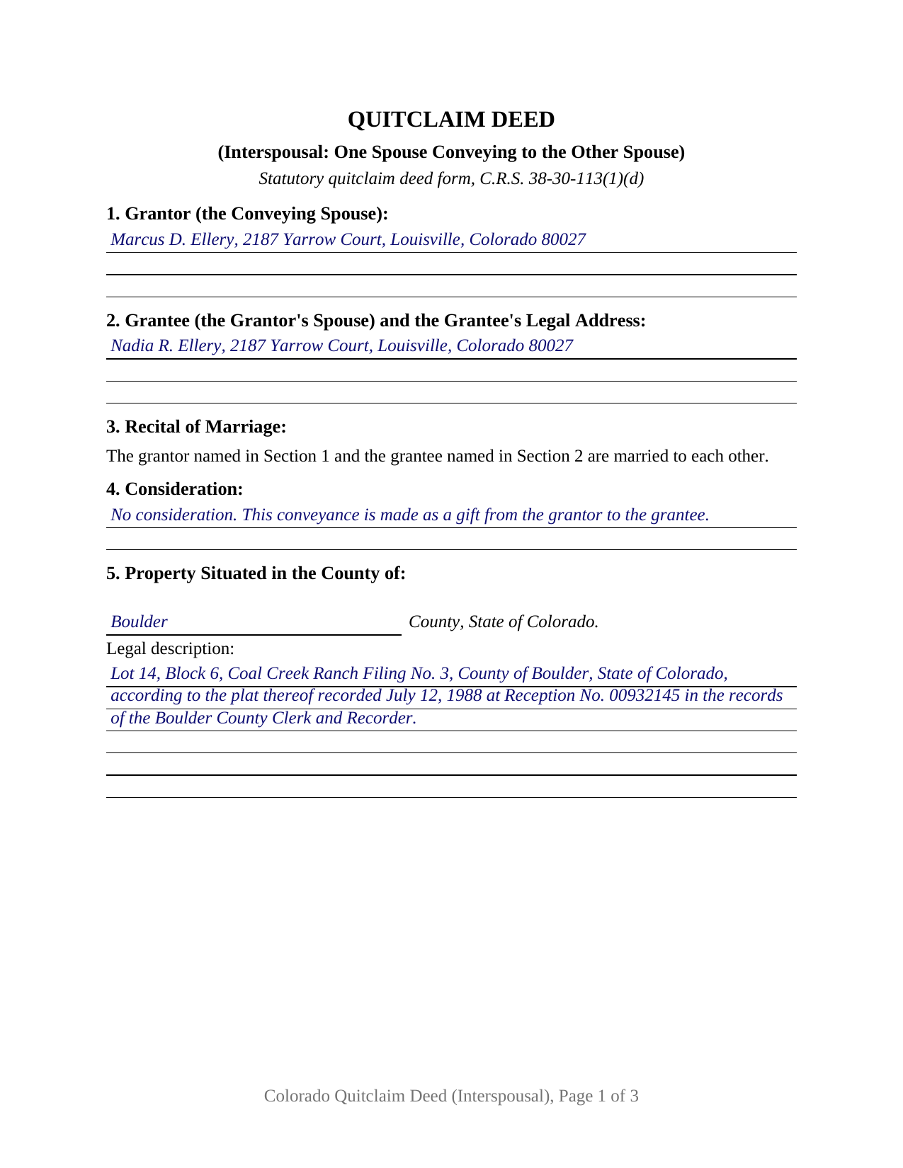 Baca County Completed Example of the Quitclaim Deed (Interspousal) Document