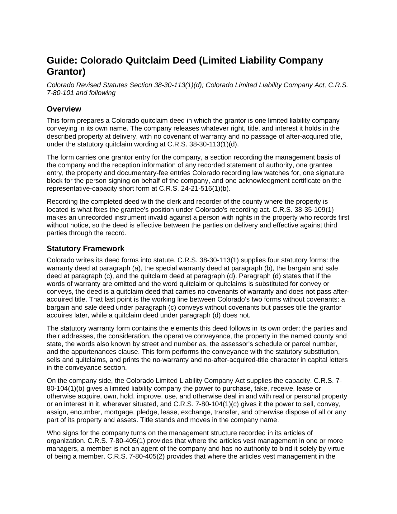 Eagle County Quitclaim Deed (LLC Grantor) Guide