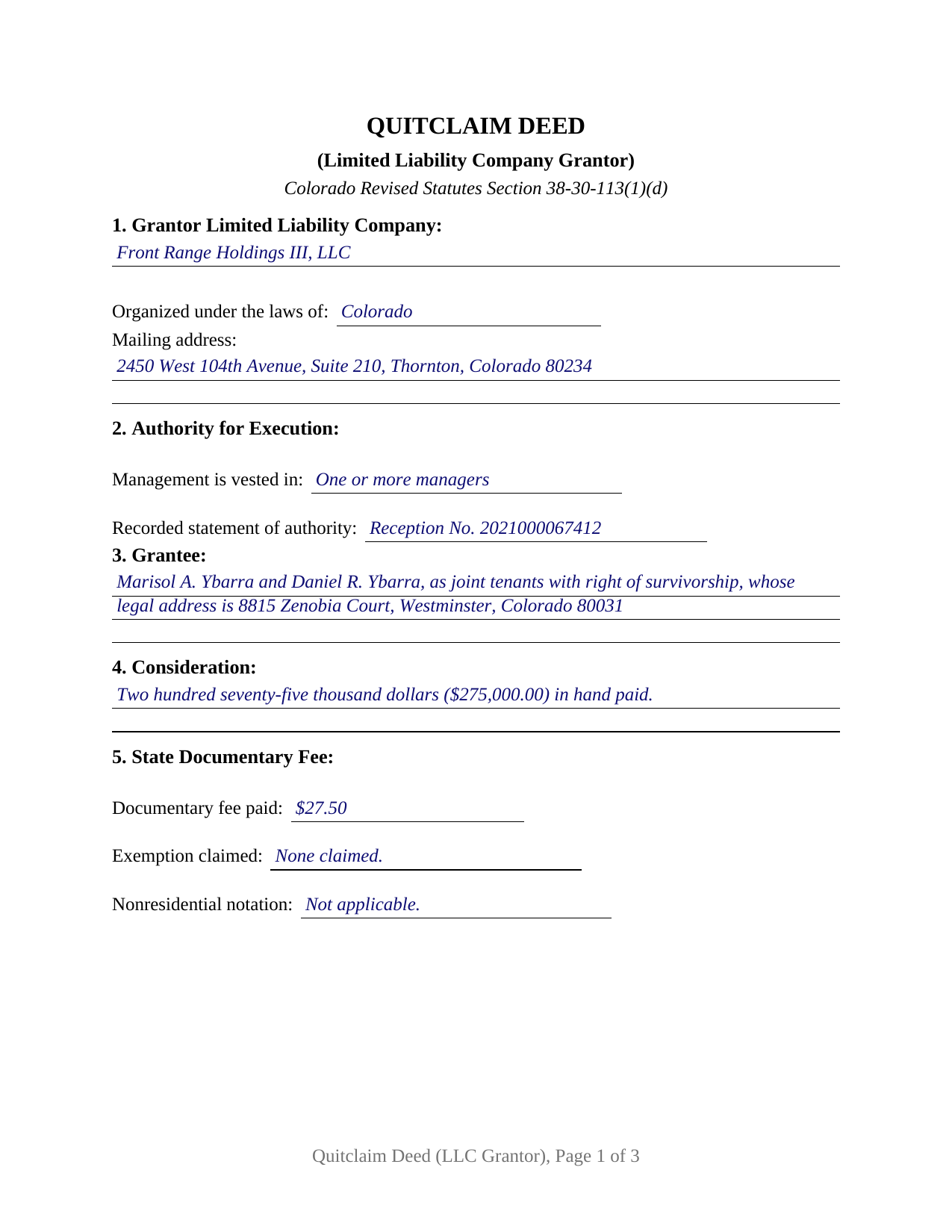 Eagle County Completed Example of the Quitclaim Deed (LLC Grantor) Document
