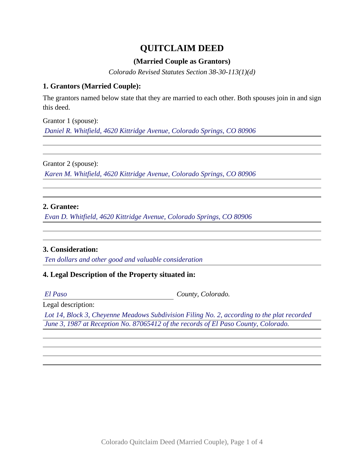 Larimer County Completed Example of the Quitclaim Deed (Married Couple as Grantors) Document