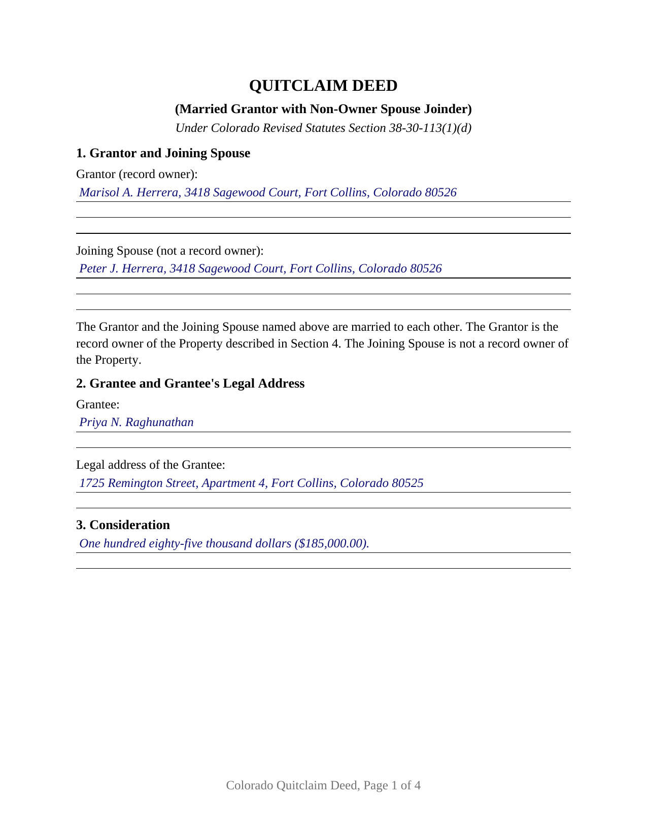 Mineral County Completed Example of the Quitclaim Deed (Married Grantor with Non-Owner Spouse Joinder) Document