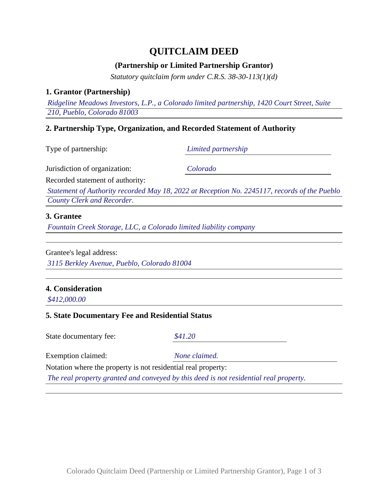 Custer County Completed Example of the Quitclaim Deed (Partnership or Limited Partnership Grantor) Document