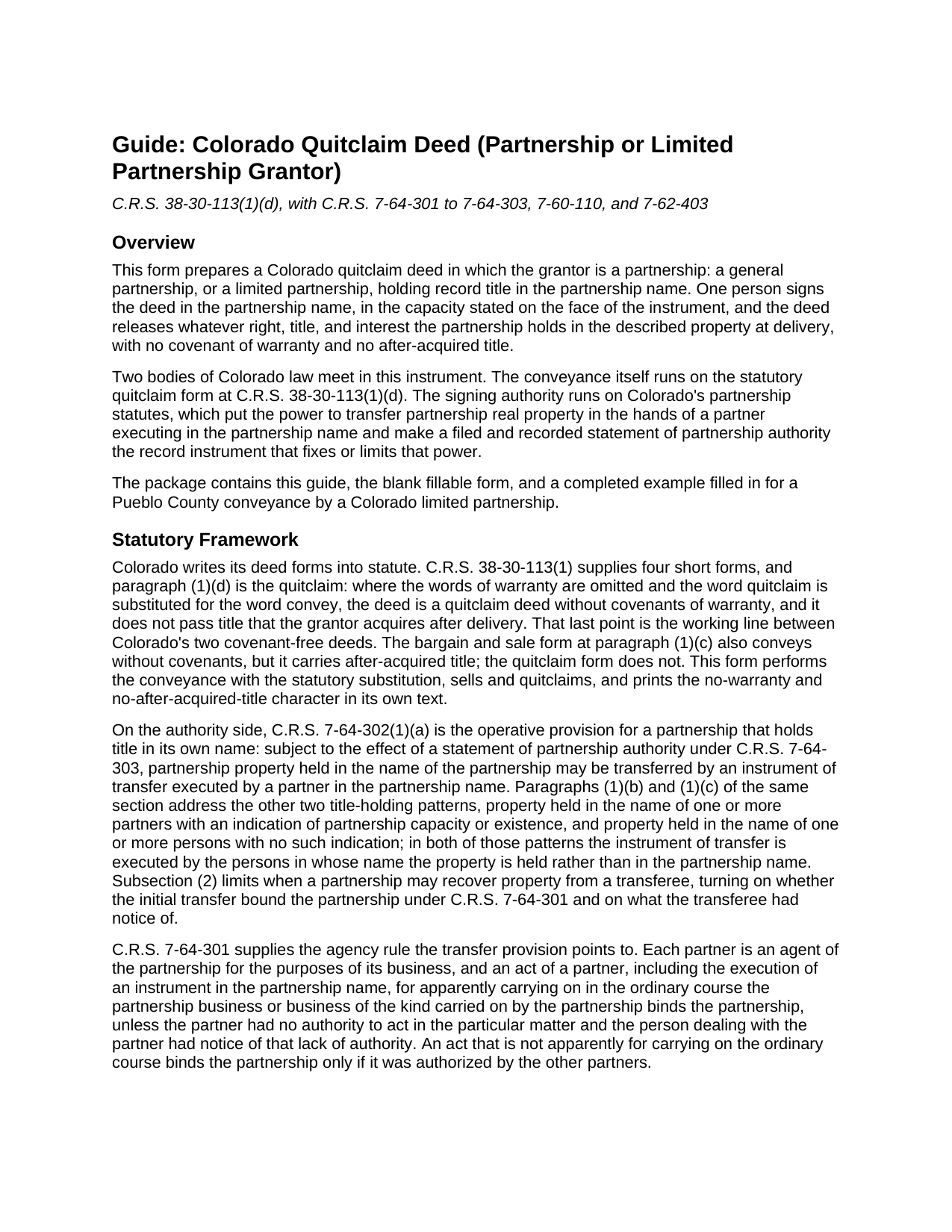Custer County Quitclaim Deed (Partnership or Limited Partnership Grantor) Guide