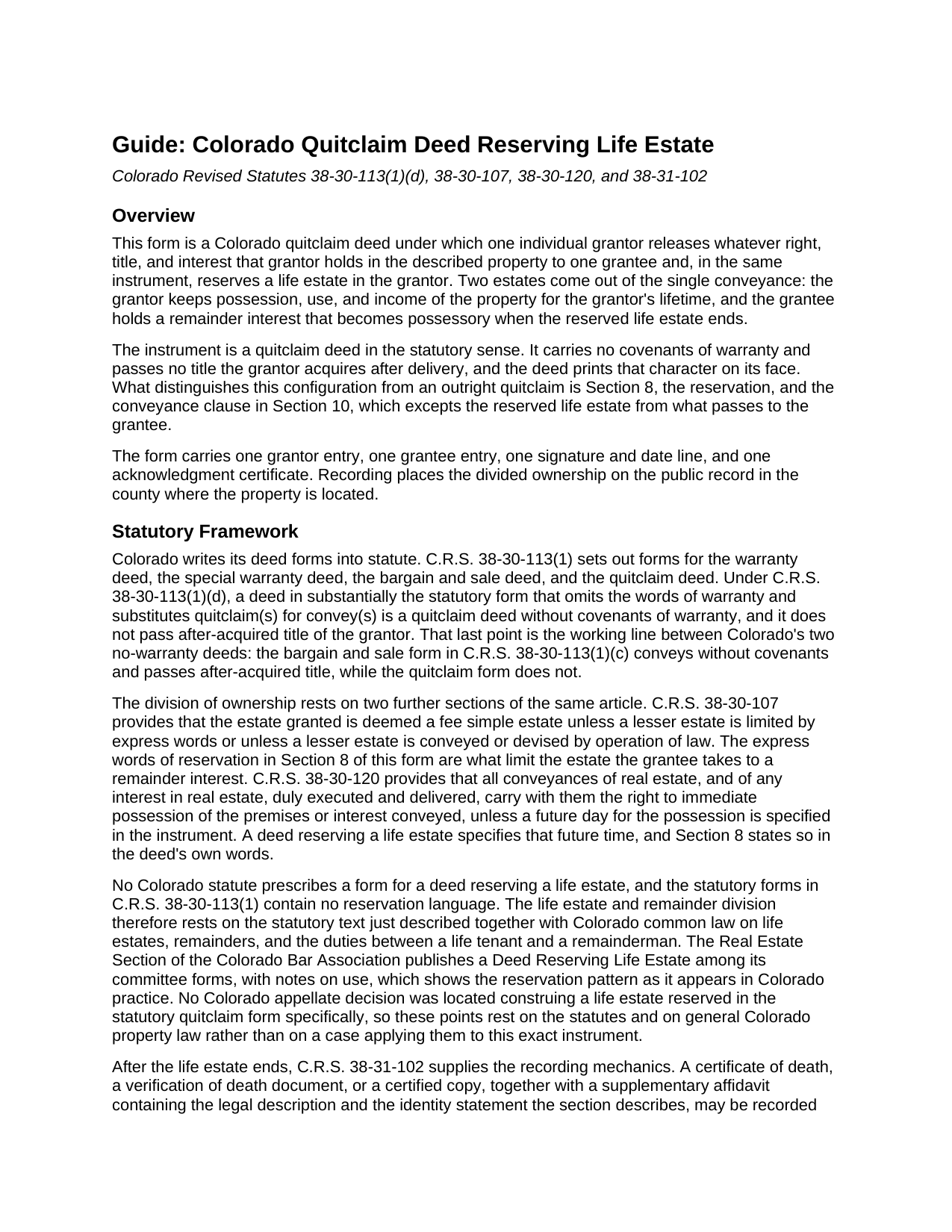 Grand County Quitclaim Deed (Reserving Life Estate) Guide
