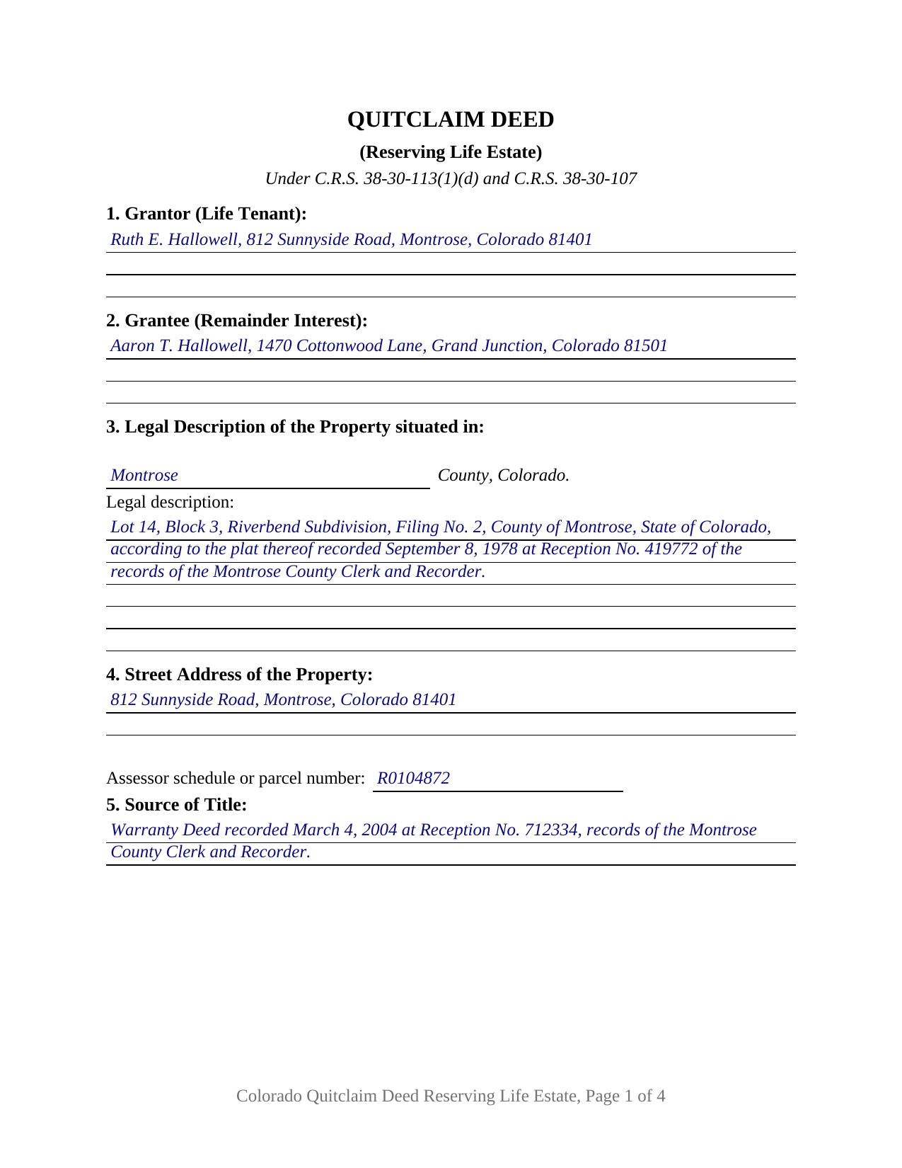 Grand County Completed Example of the Quitclaim Deed (Reserving Life Estate) Document