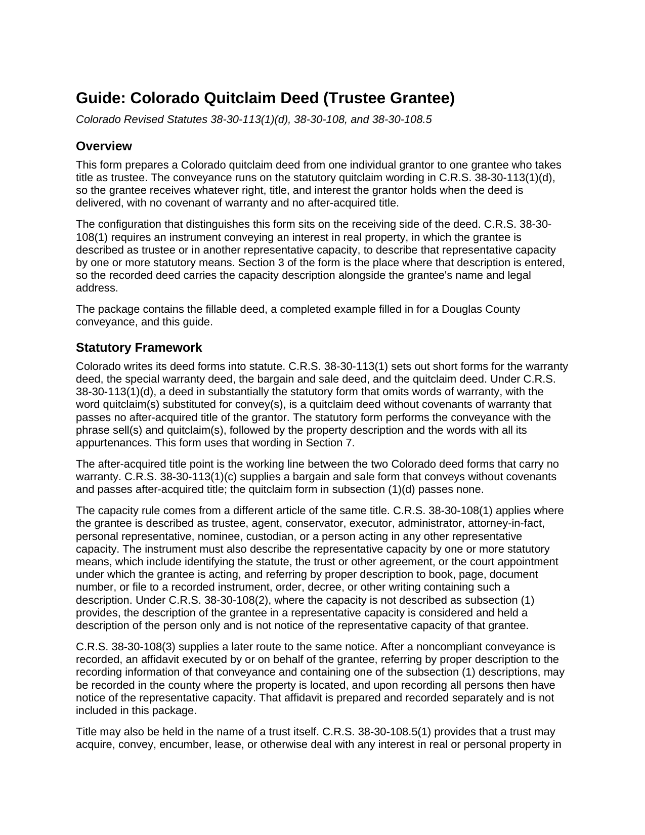 Delta County Quitclaim Deed (Trustee Grantee) Guide