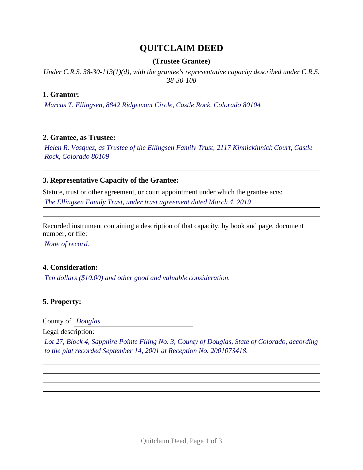 Delta County Completed Example of the Quitclaim Deed (Trustee Grantee) Document