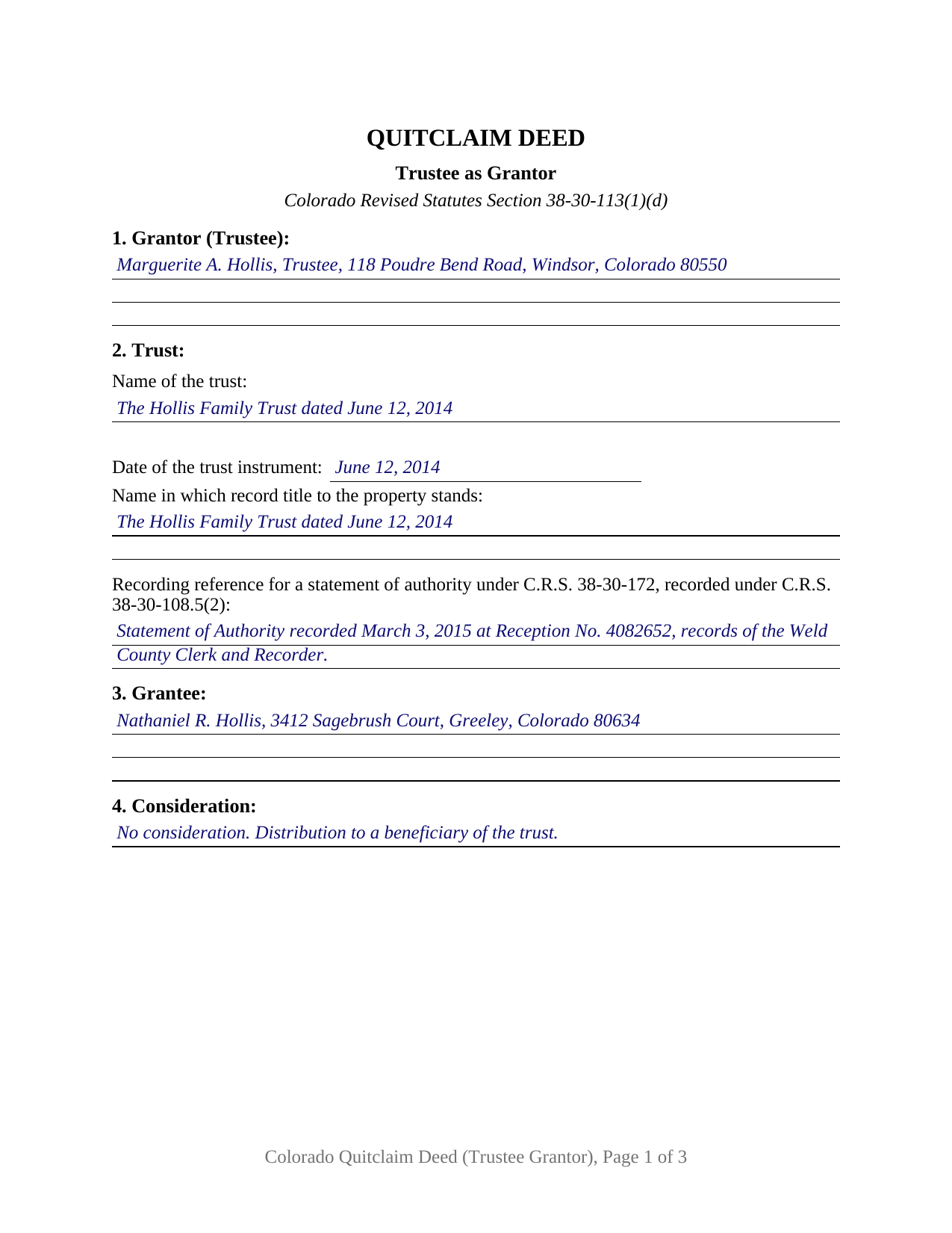 Montrose County Completed Example of the Quitclaim Deed (Trustee Grantor) Document