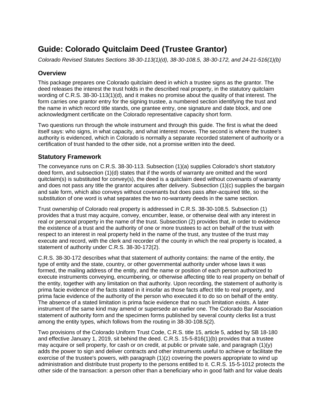 Montrose County Quitclaim Deed (Trustee Grantor) Guide
