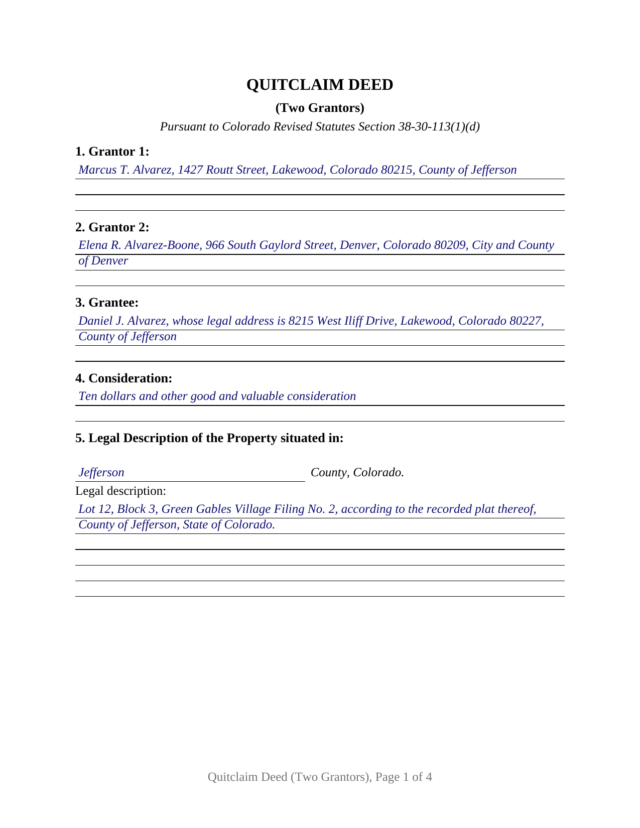 San Miguel County Completed Example of the Quitclaim Deed (Two Grantors) Document