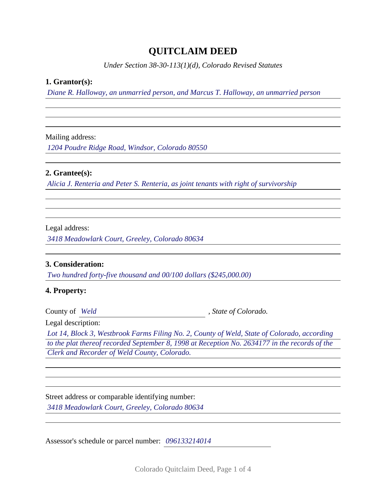Mesa County Completed Example of the Quitclaim Deed Document