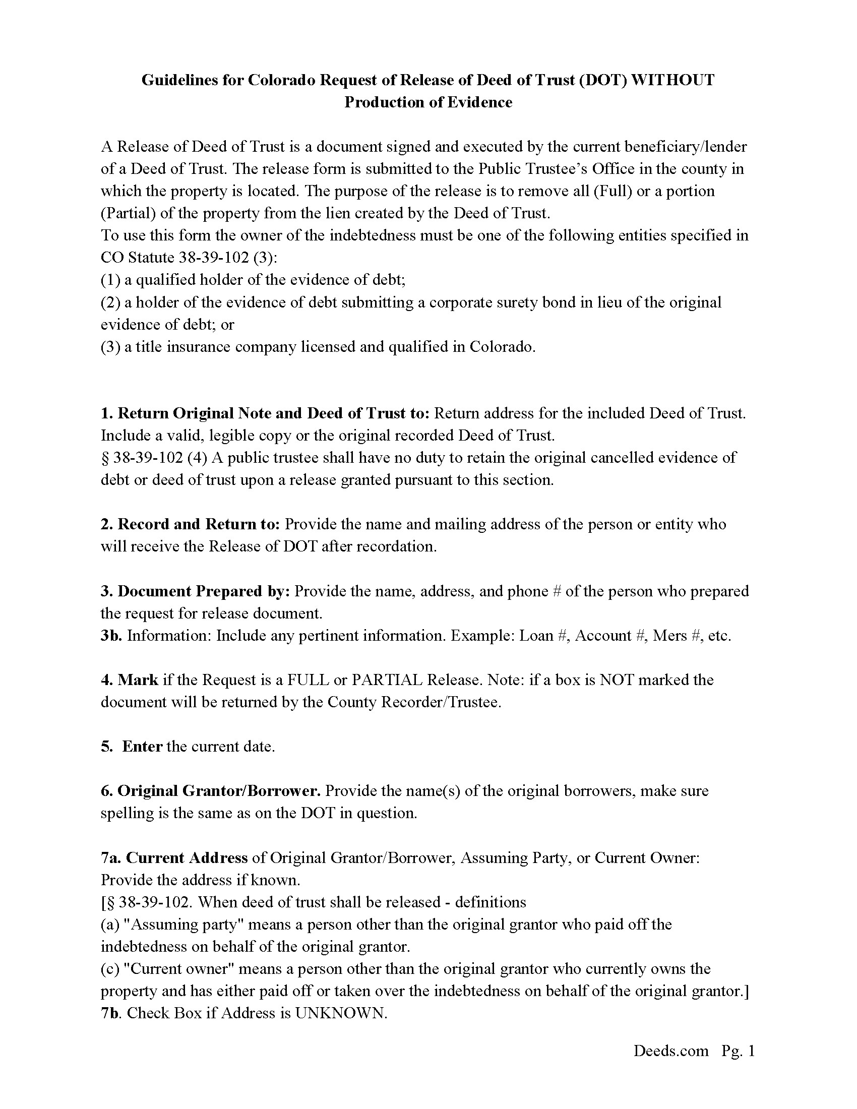 Larimer County Guidelines for Release of Deed of Trust Form