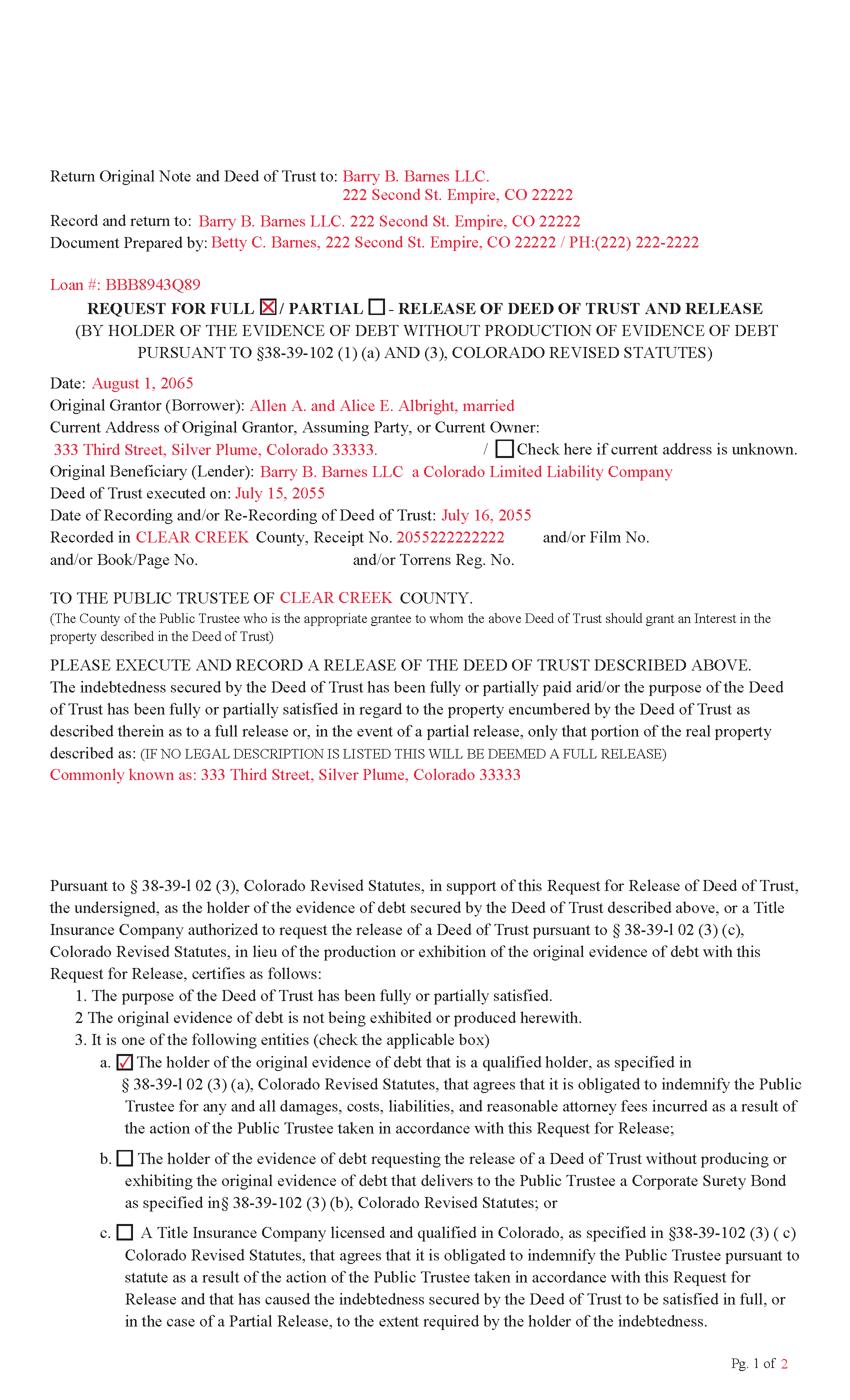 Larimer County Completed Example of the Release of Deed of Trust Document
