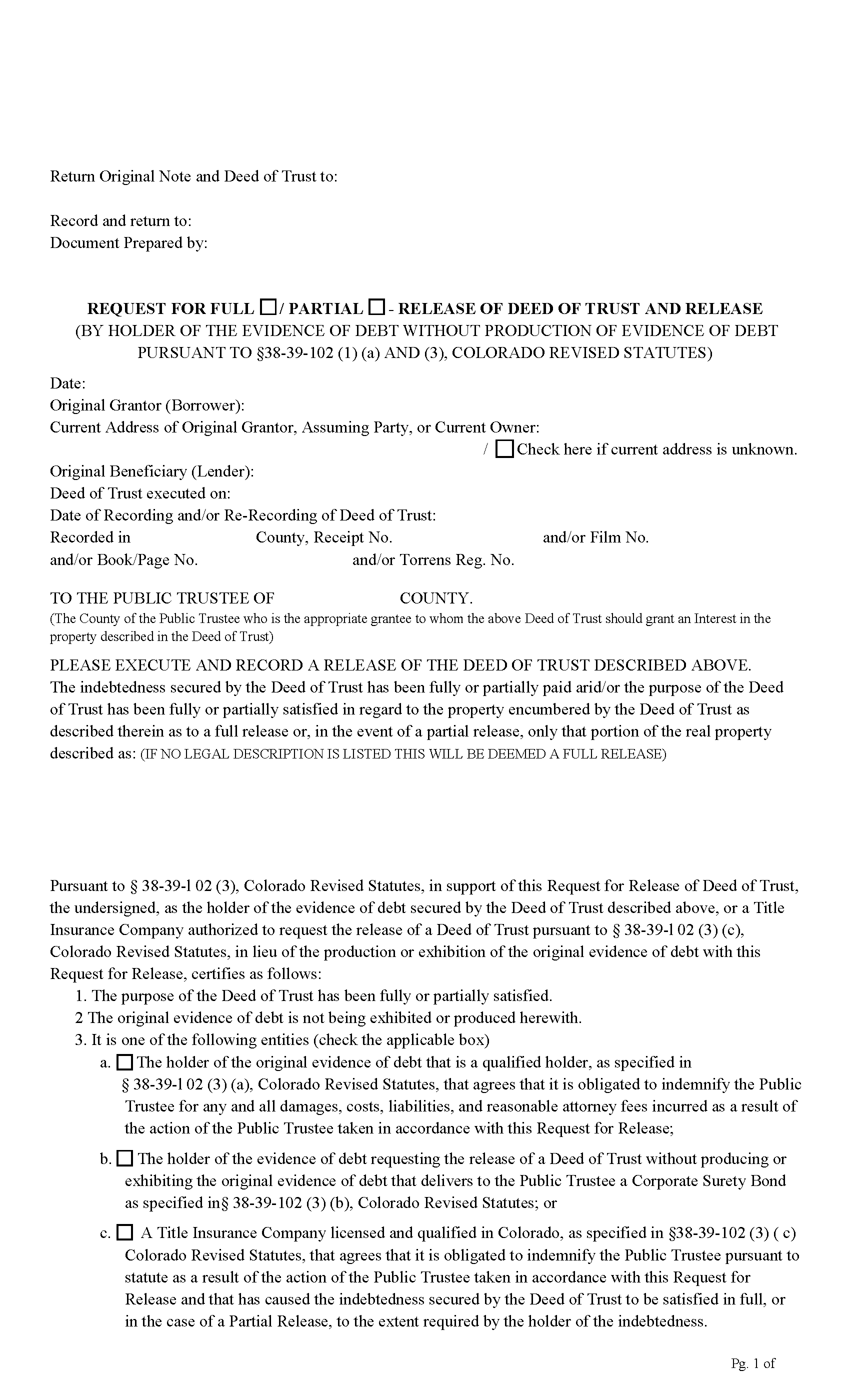 Larimer County Release of Deed of Trust WITHOUT Production of Evidence
