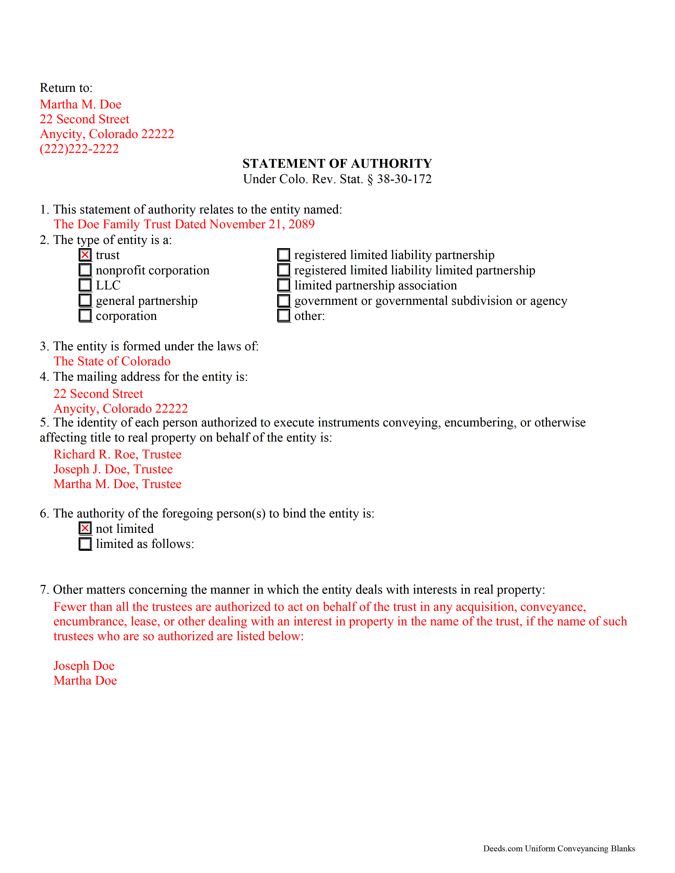 Completed Example of the Statement of Authority Form