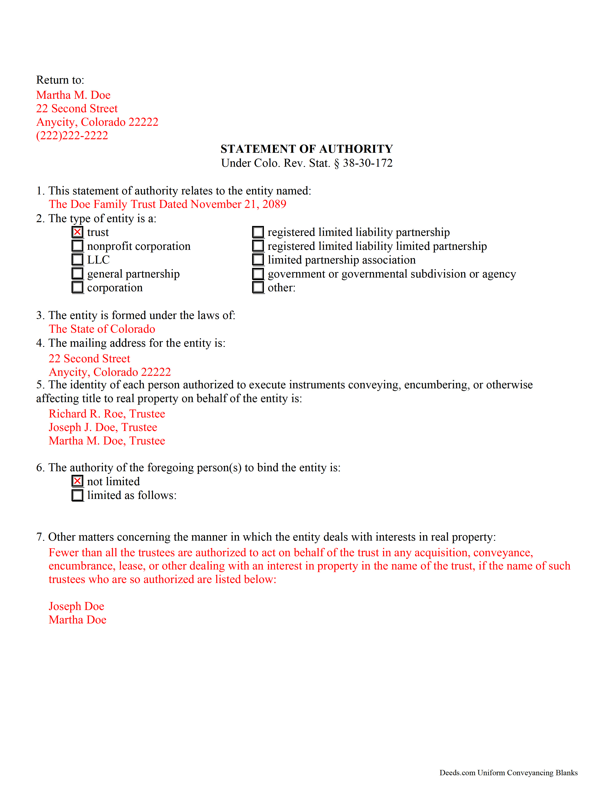 Weld County Statement of Authority Form Colorado