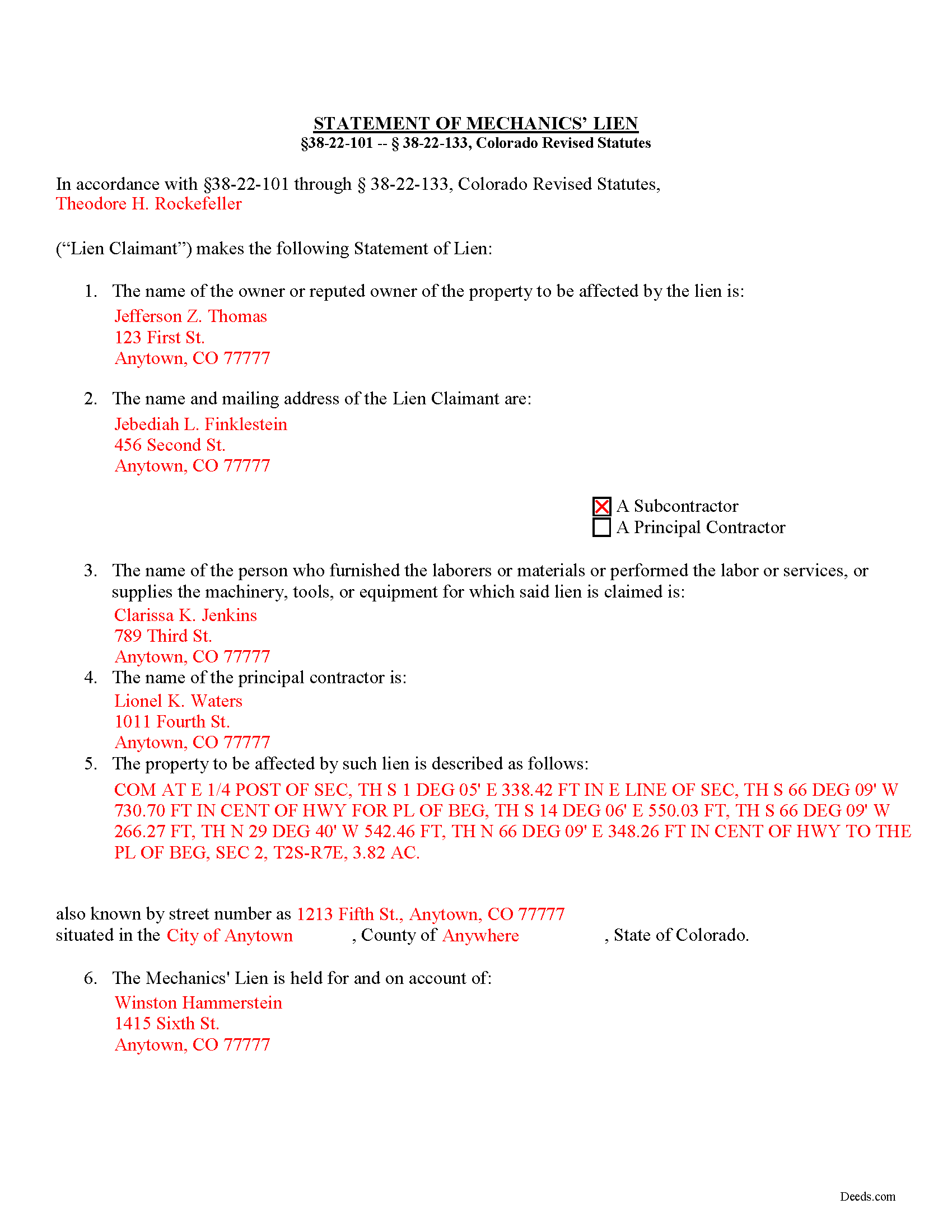 Completed Example of the Verified Statement of Lien Document