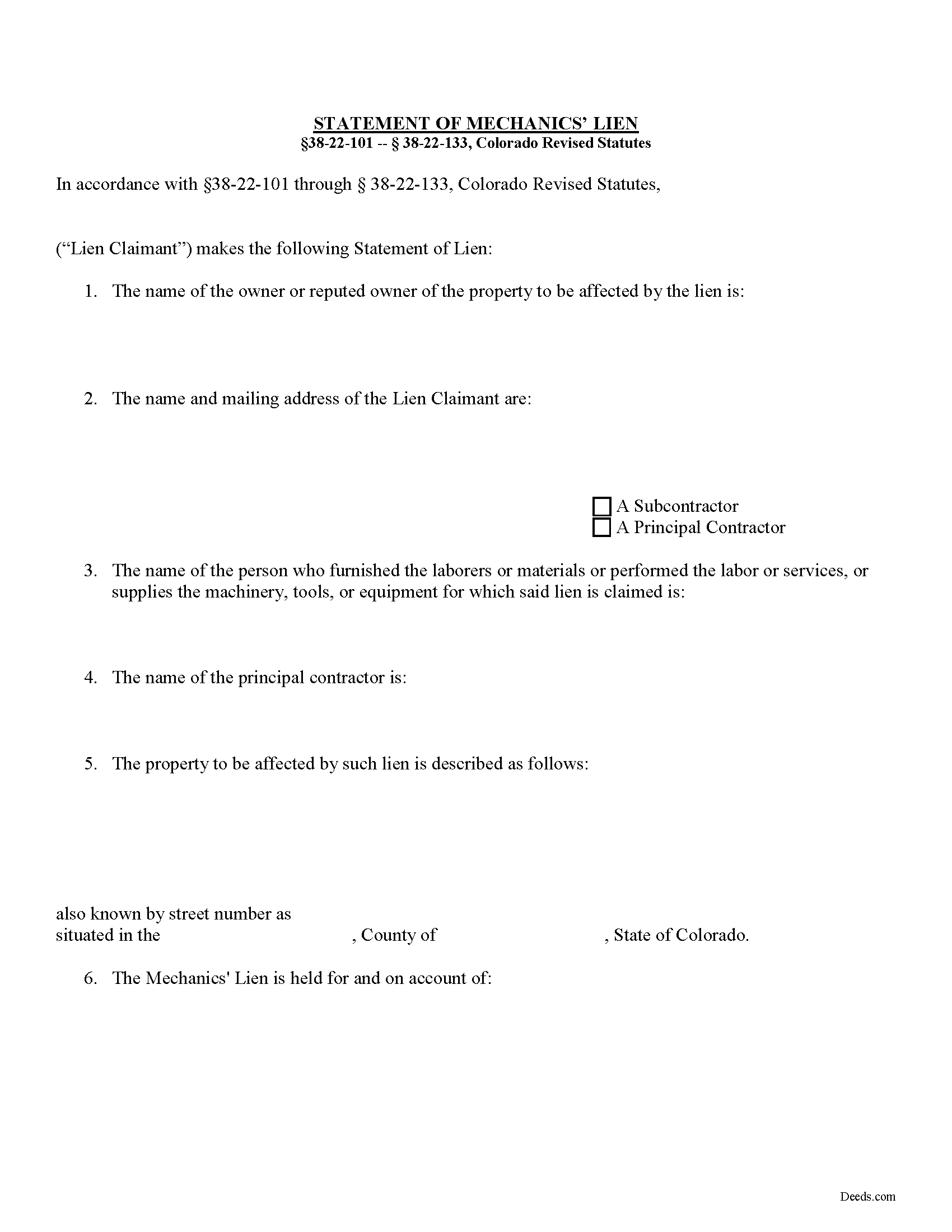 Statement of Mechanics Lien Form