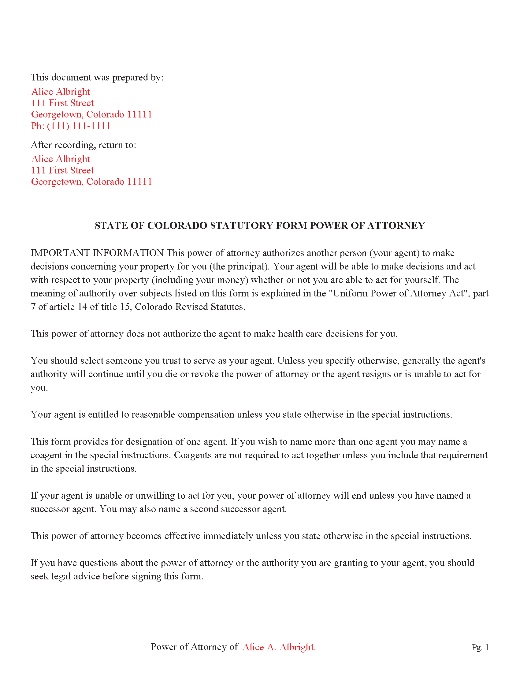 Sedgwick County Completed Example of the Power of Attorney