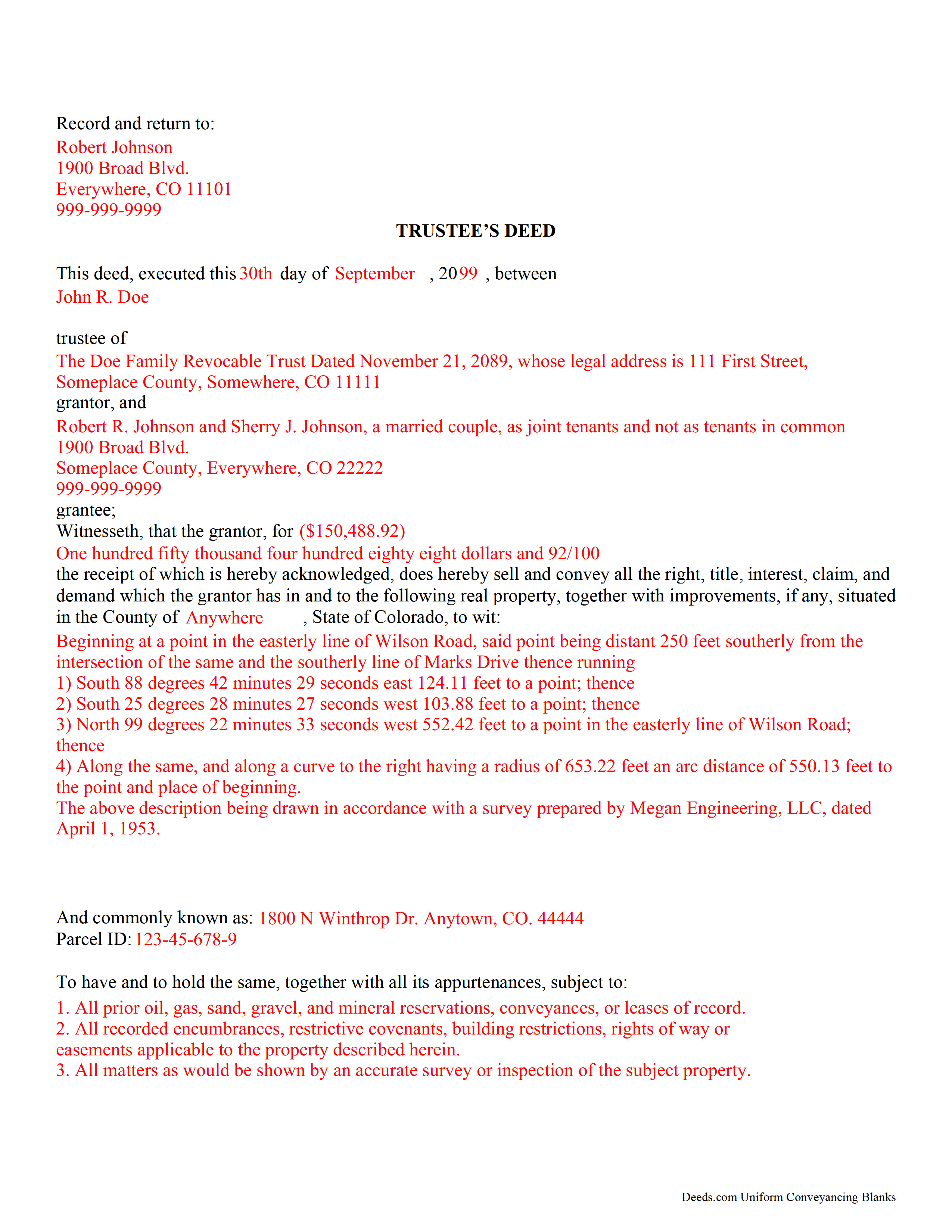 Completed Example of the Trustee Deed Document