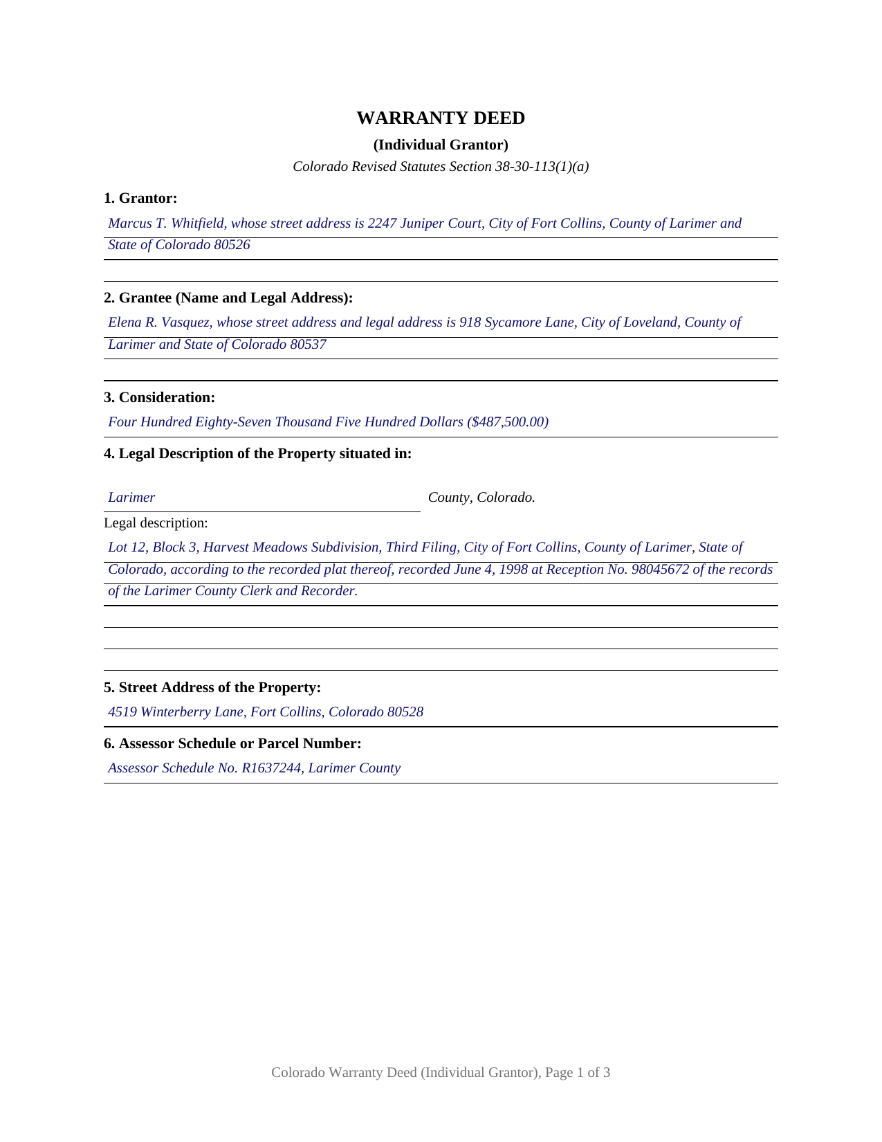 Pueblo County Completed Example of the Warranty Deed (Individual Grantor) Document