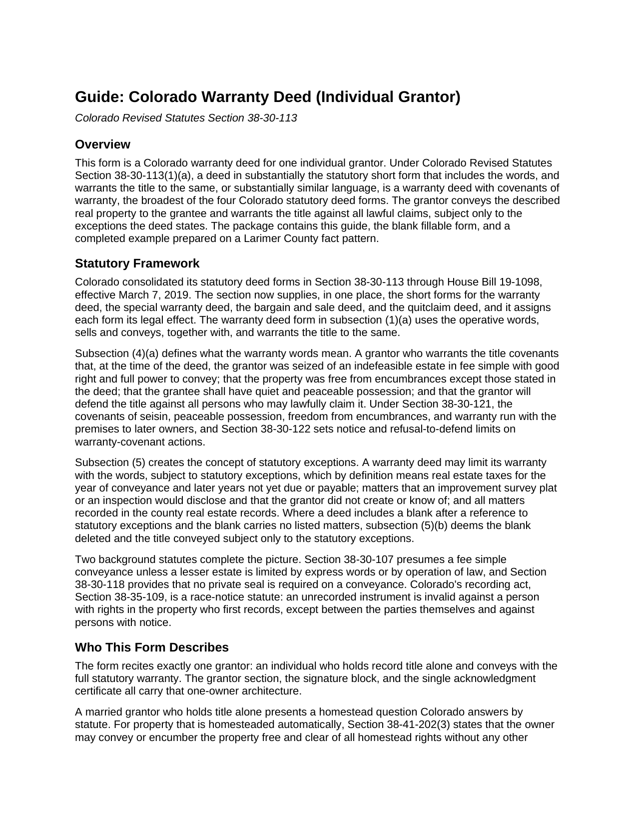 Pueblo County Warranty Deed (Individual Grantor) Guide