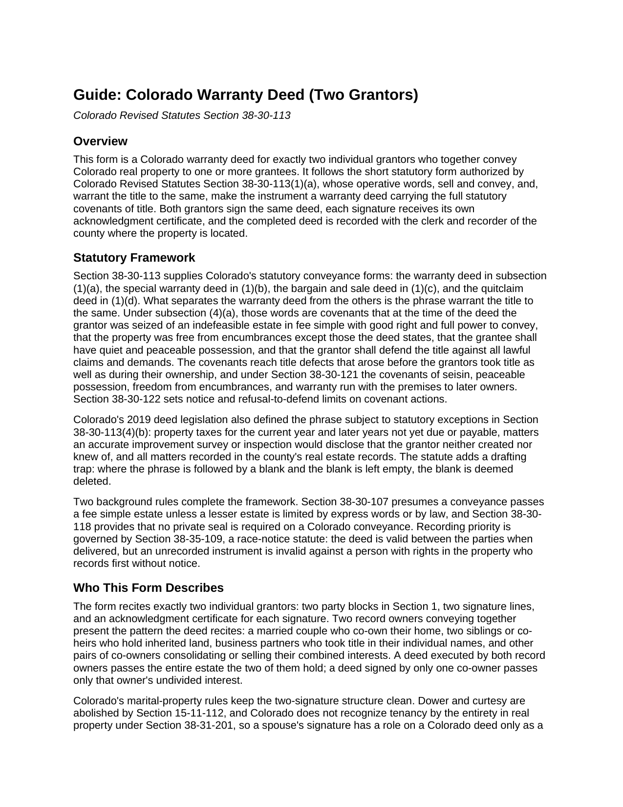 Larimer County Warranty Deed (Two Grantors) Guide
