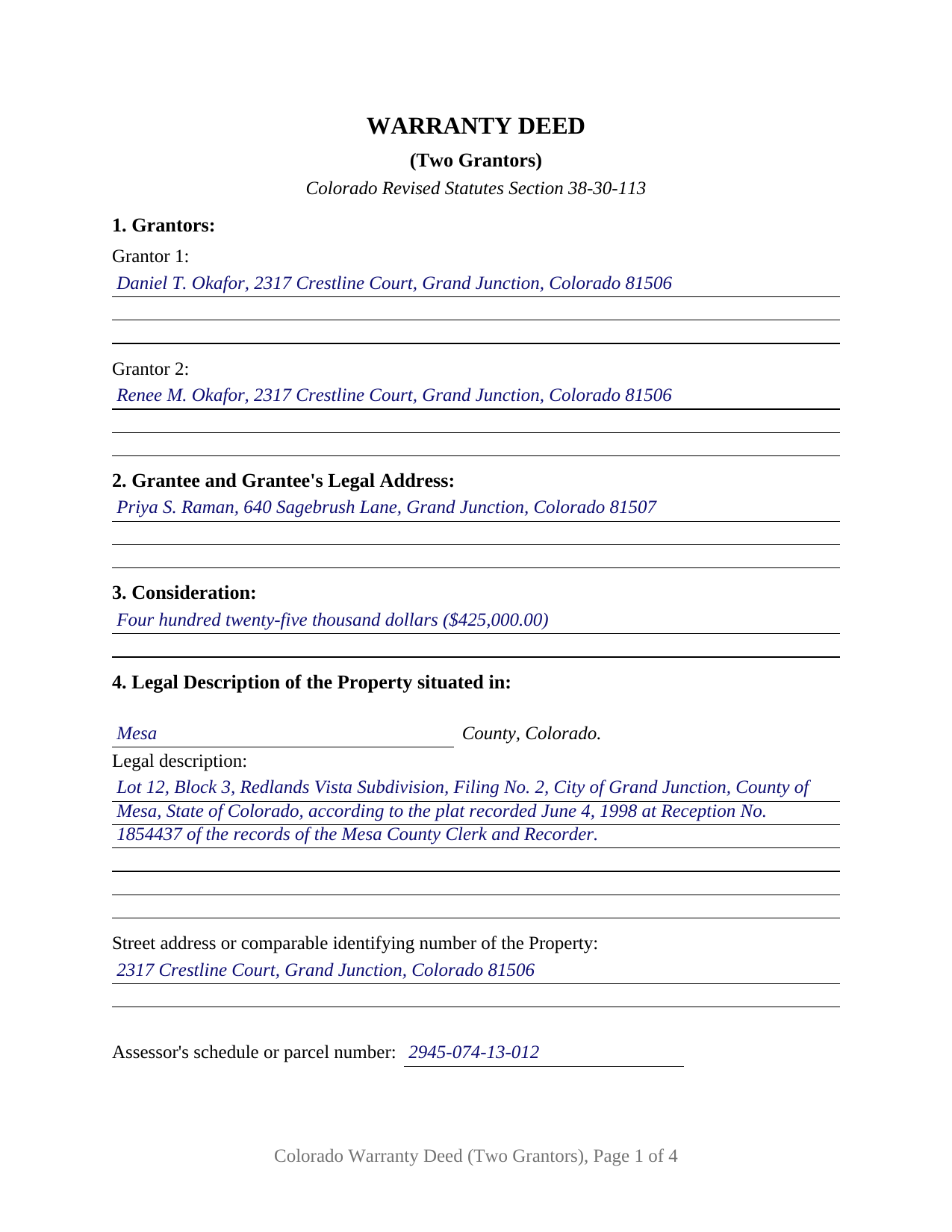 Larimer County Completed Example of the Warranty Deed (Two Grantors) Document