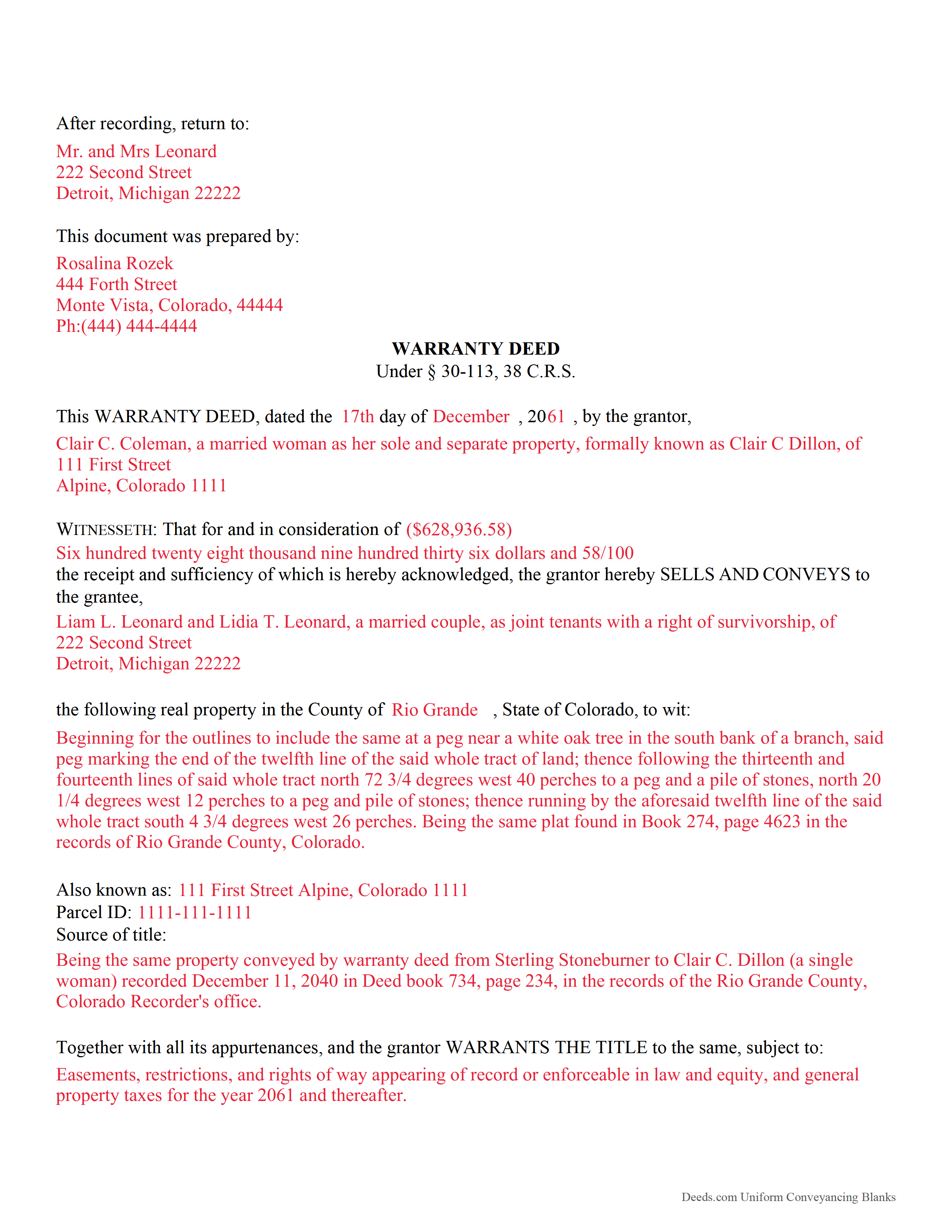 Larimer County Completed Example of the Warranty Deed Document