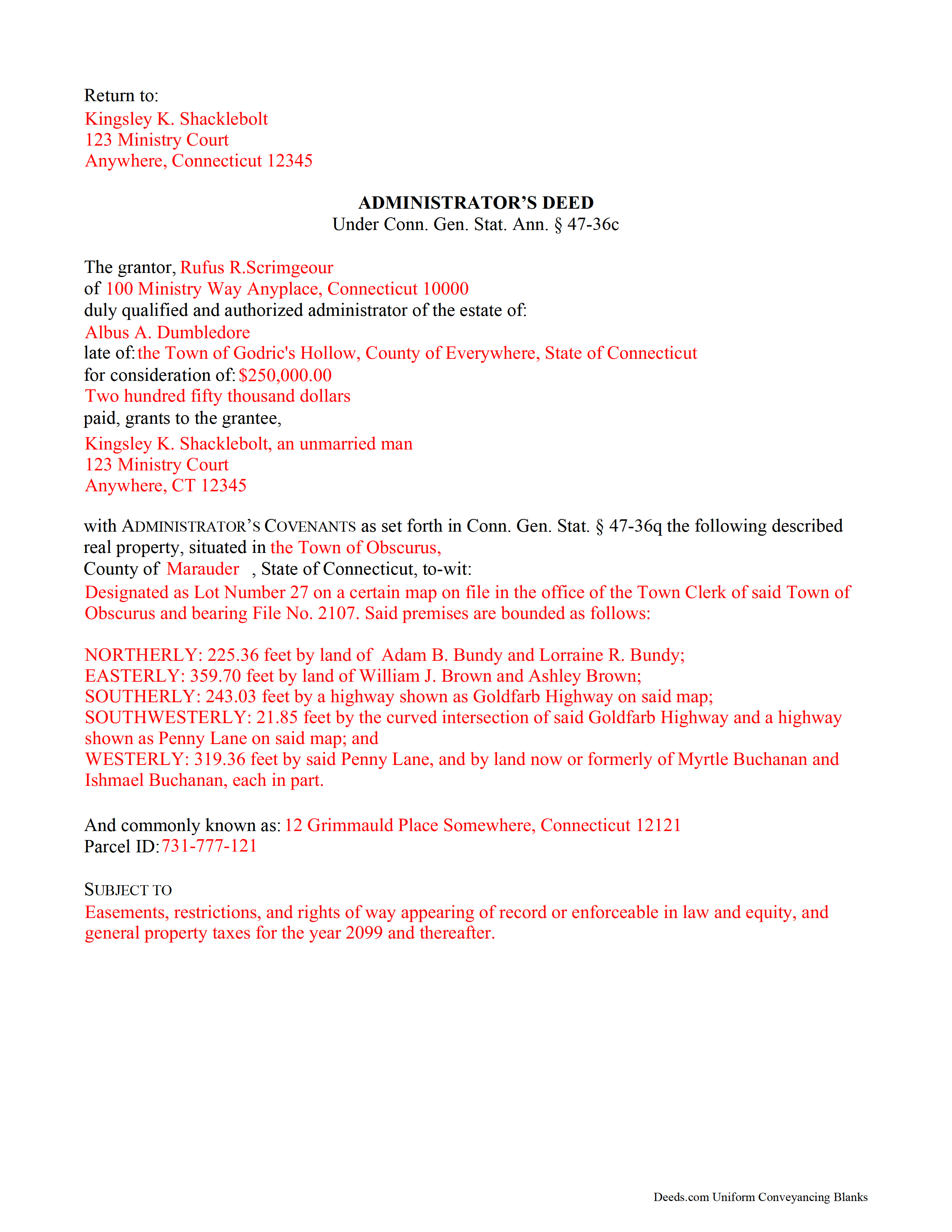 Fairfield County Completed Example of the Administrator Deed Document