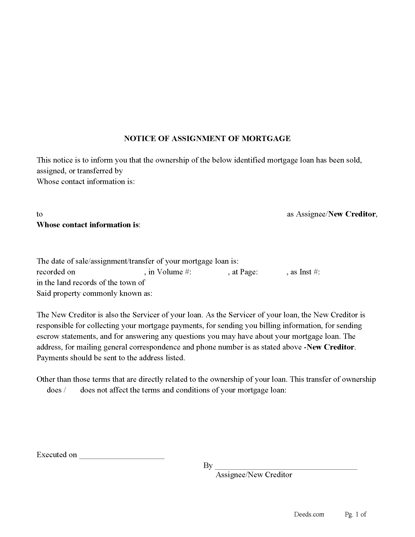 New London County Notice of Assignment of Mortgage Form