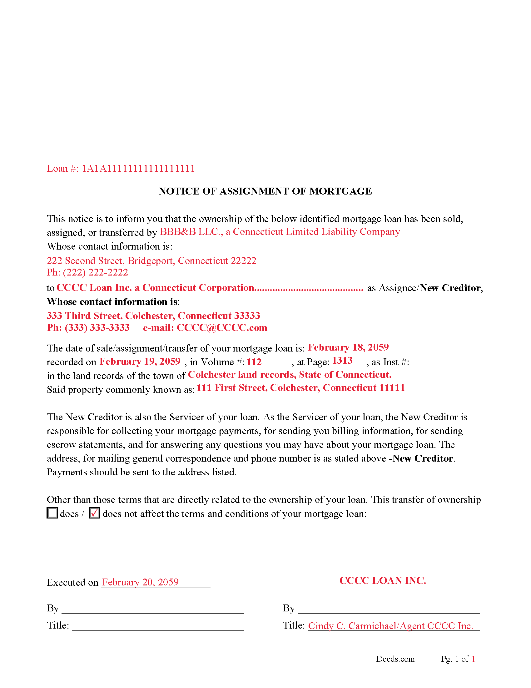 New London County Completed Example of Notice of Assignment Document