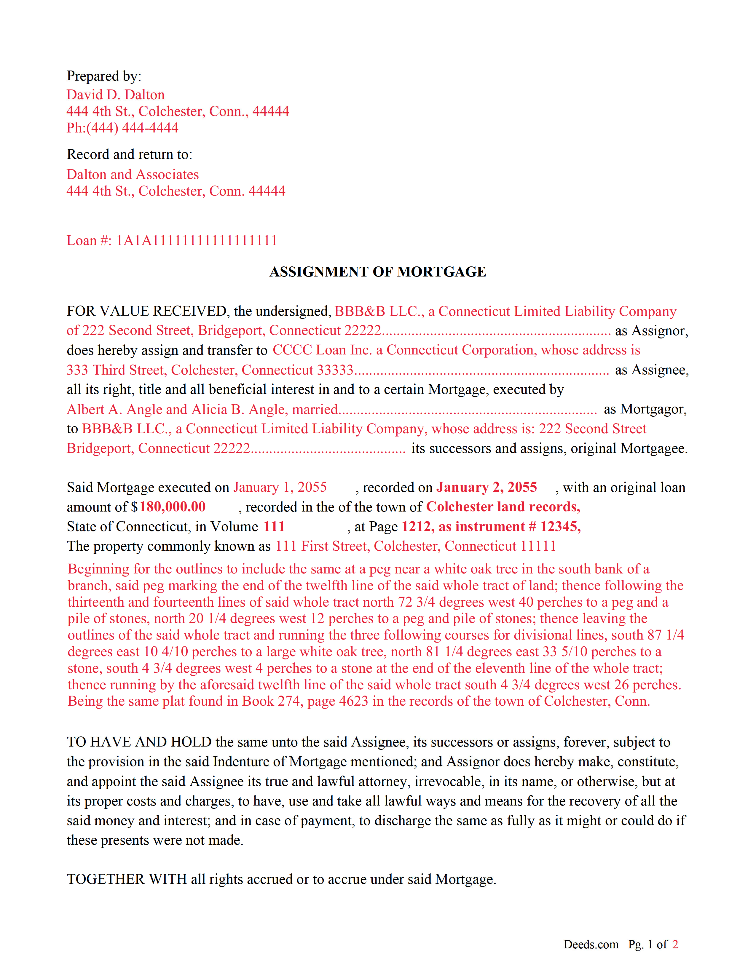 New London County Completed Example of the Assignment of Mortgage Document