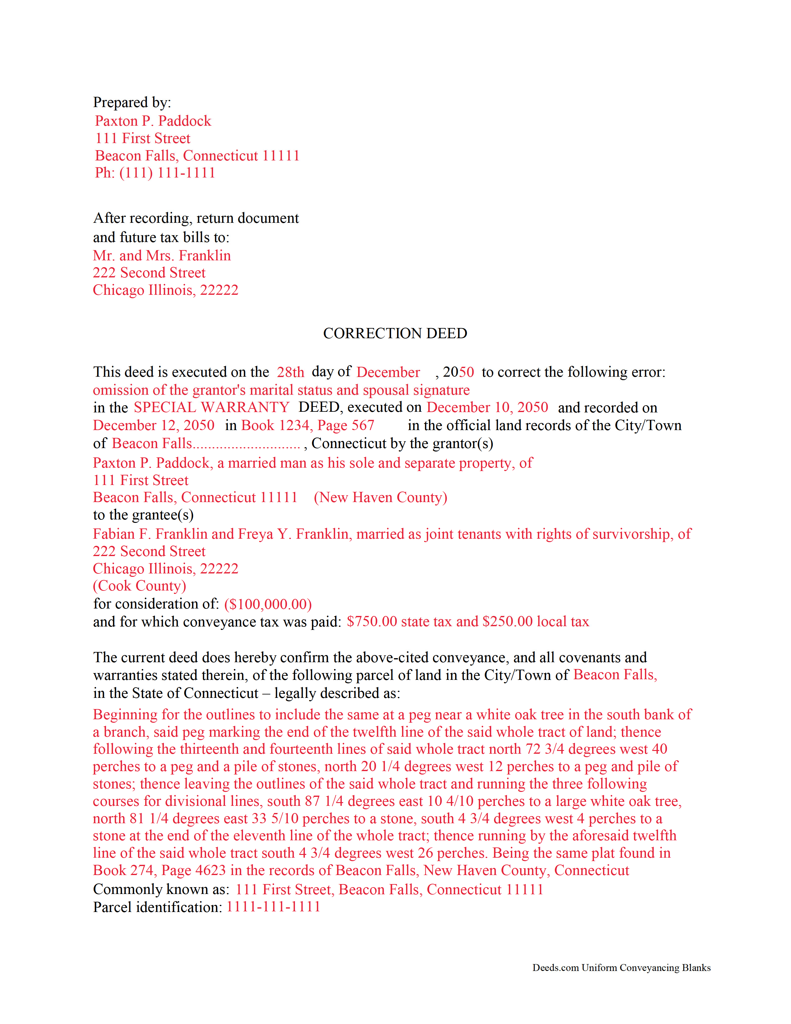 Fairfield County Completed Example of the Correction Deed Document