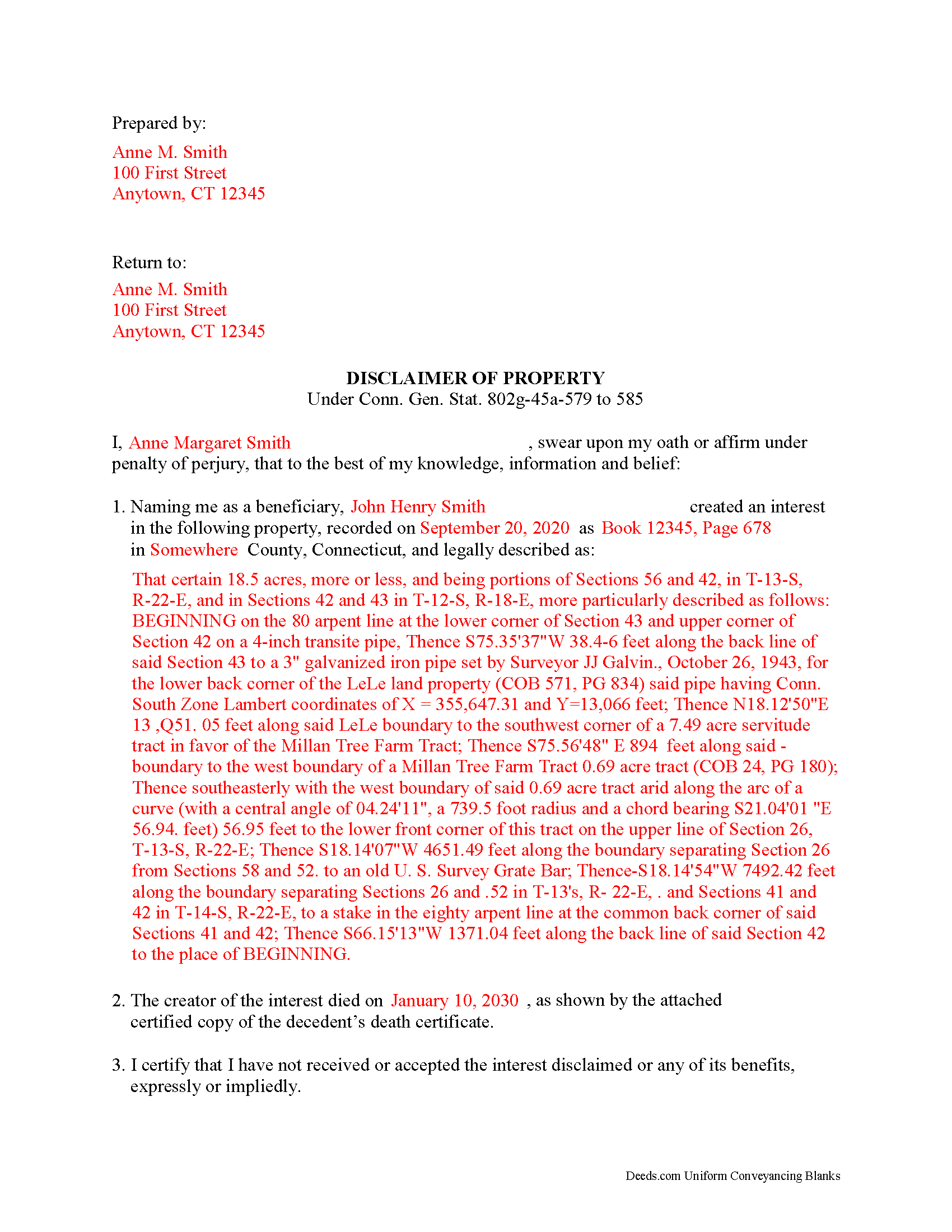New London County Completed Example of the Disclaimer of Interest Document