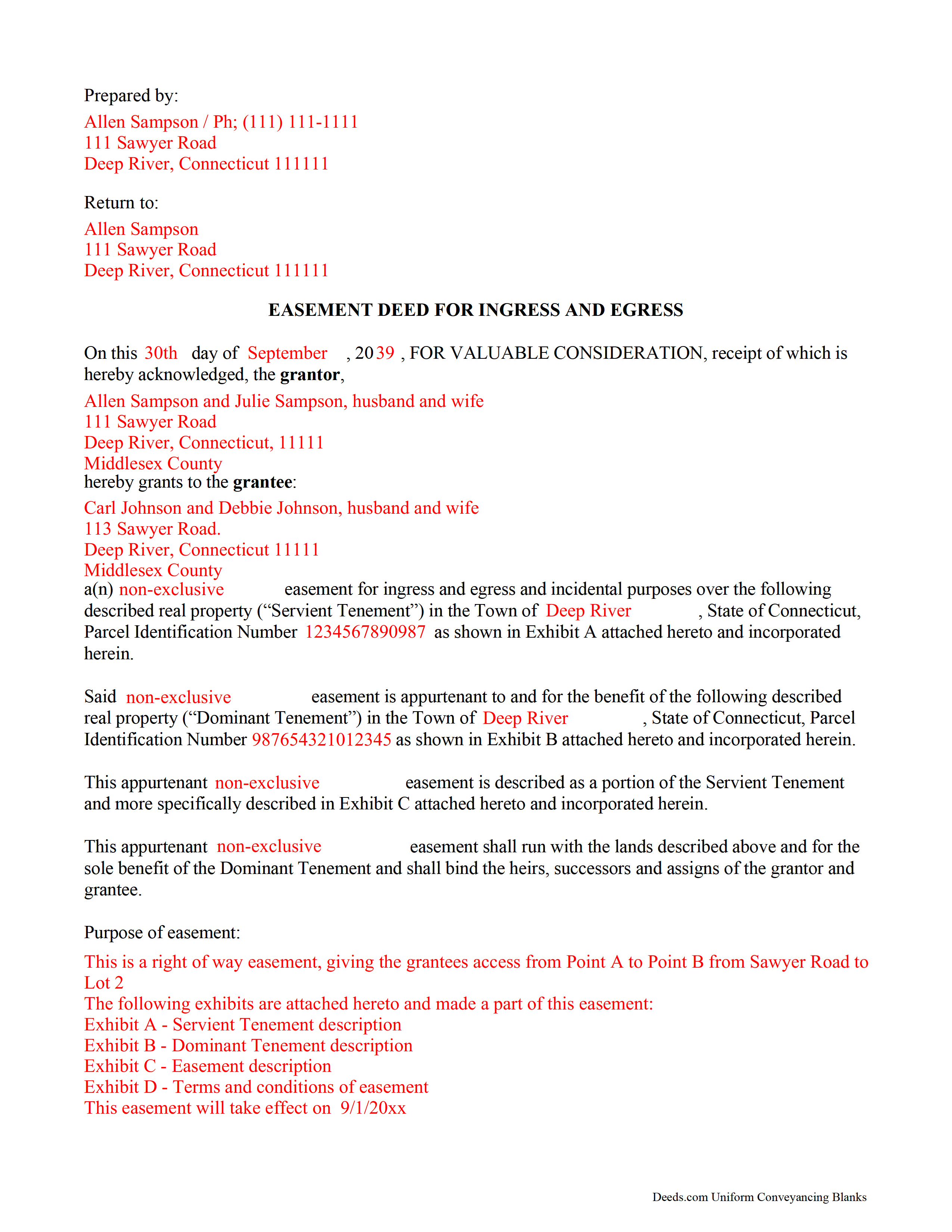 Fairfield County Completed Example of the Easement Deed Document