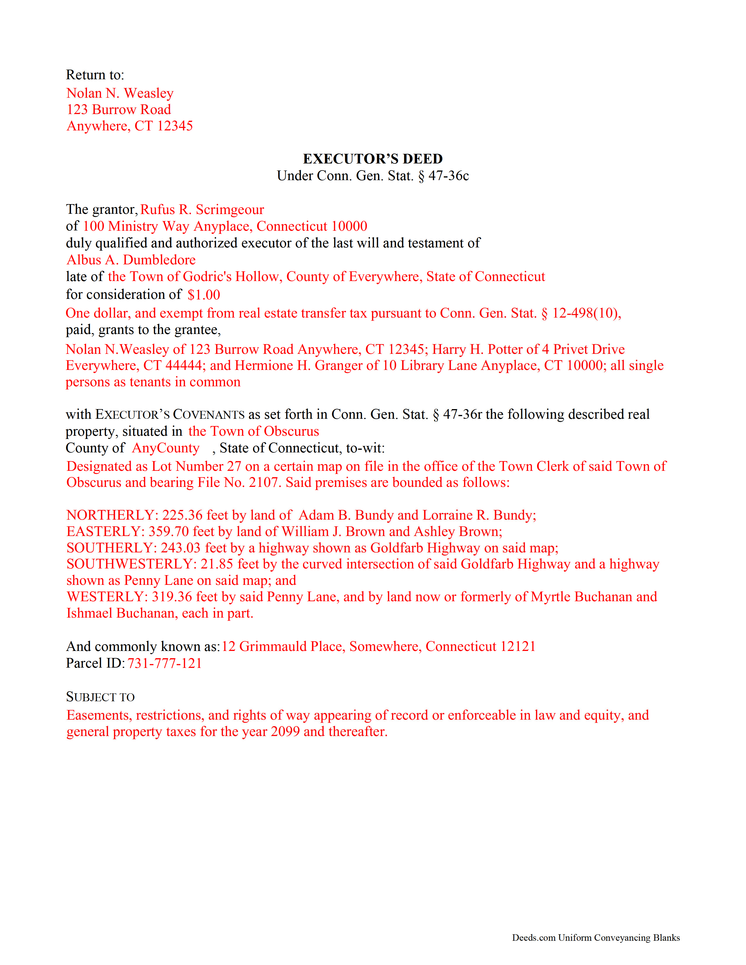 New London County Completed Example of the Executor Deed Document