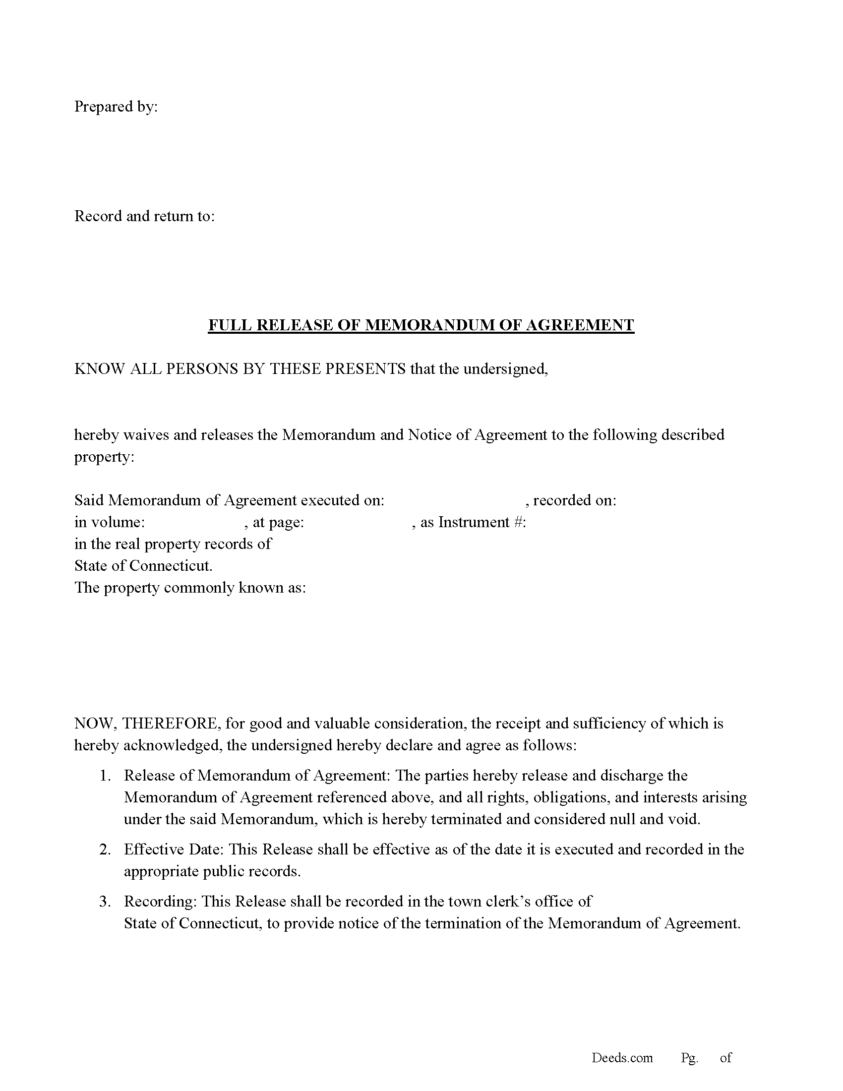 Fairfield County Full Release of Memorandum of Agreement Form