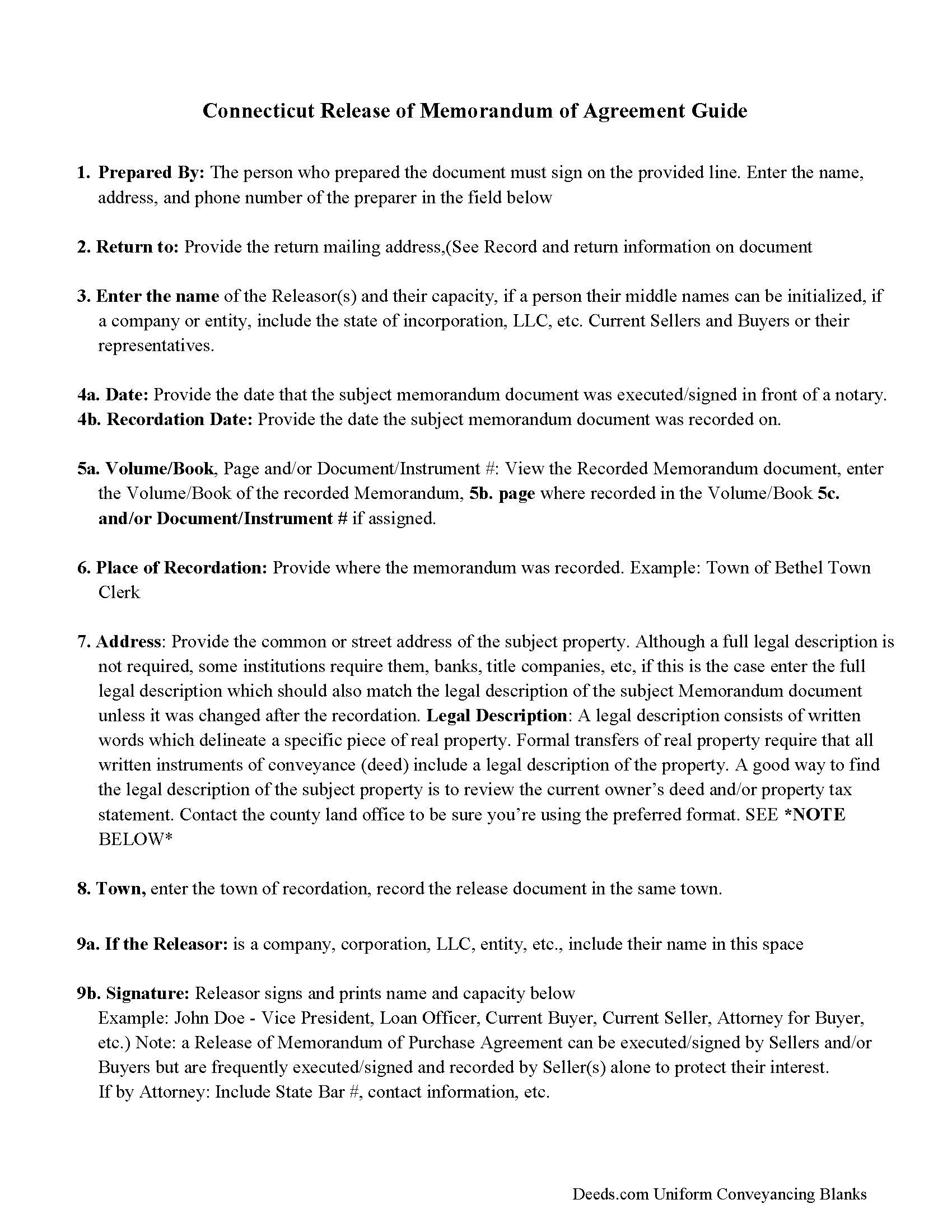 Fairfield County Full Release of Memorandum of Agreement Guide