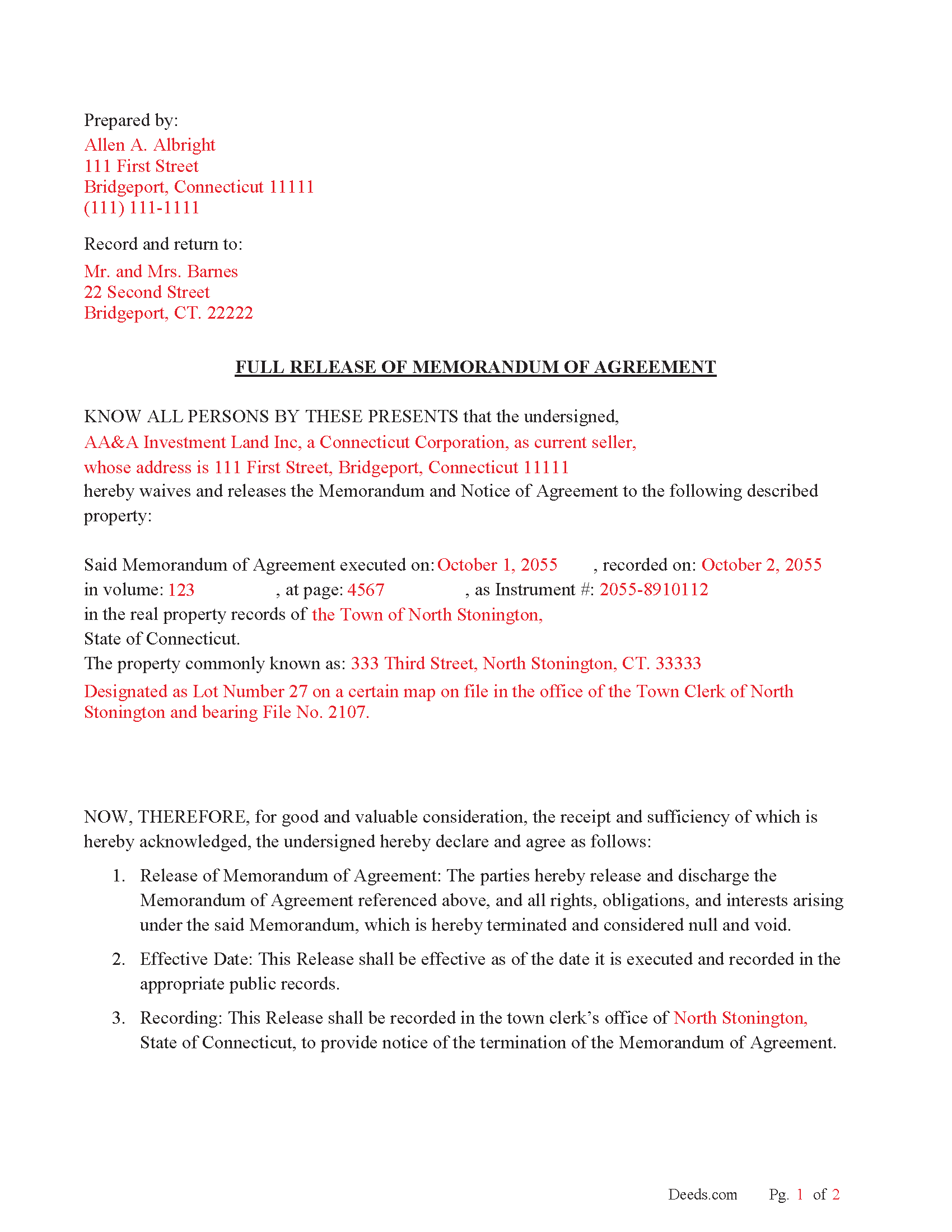 Fairfield County Completed Example of the Full Release of Memorandum of Agreement Document