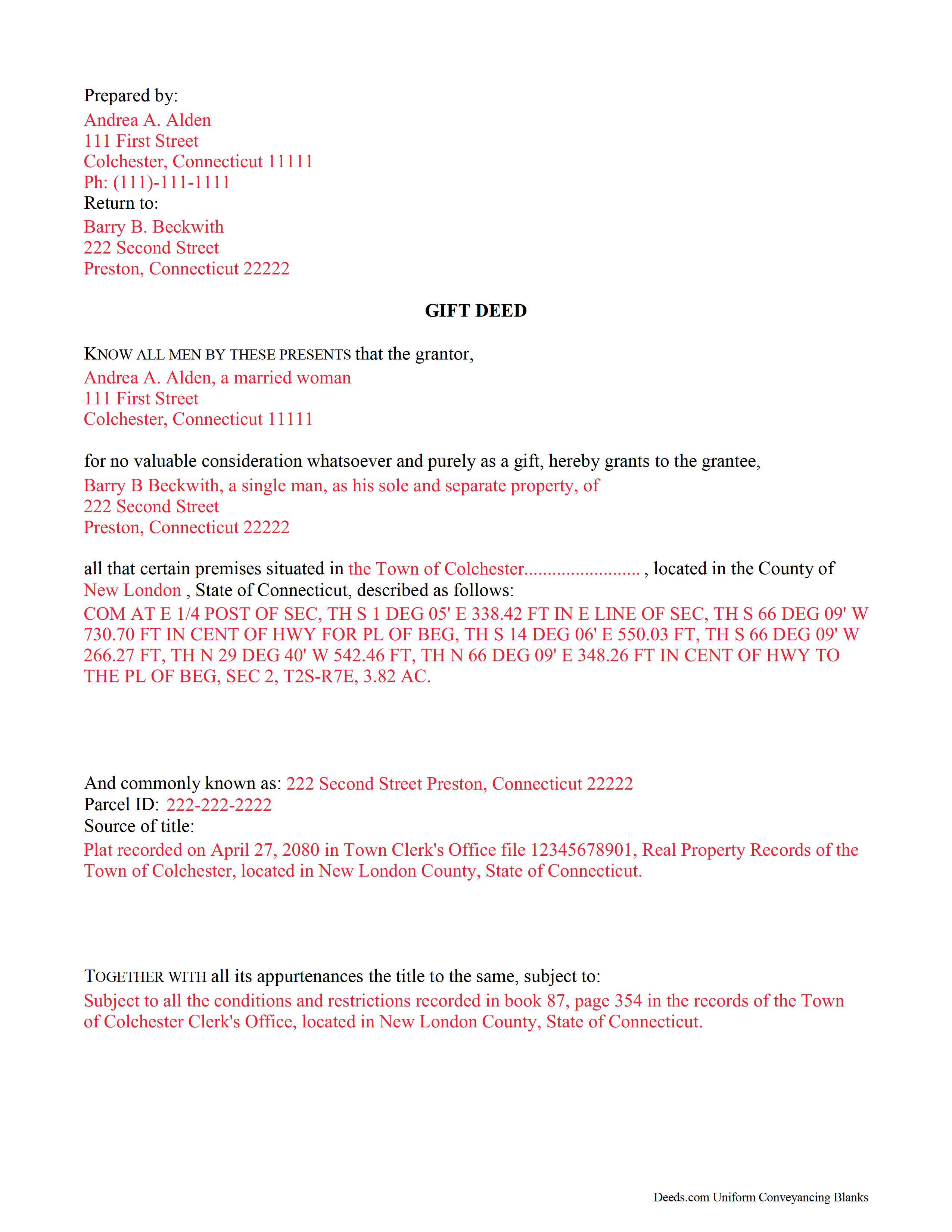Fairfield County Completed Example of the Gift Deed Document